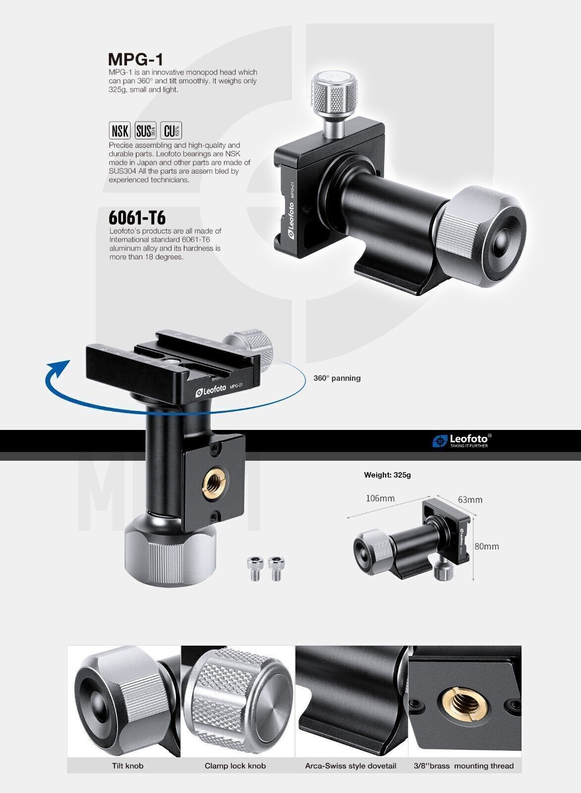 Leofoto MPG-01 Monopod Head Side Mount | 360° Panning / Arca