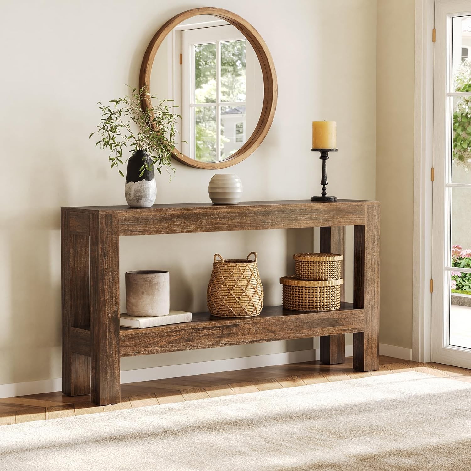 63-Inch Narrow Long Console Table, Farmhouse Wood Entryway Table with Storage