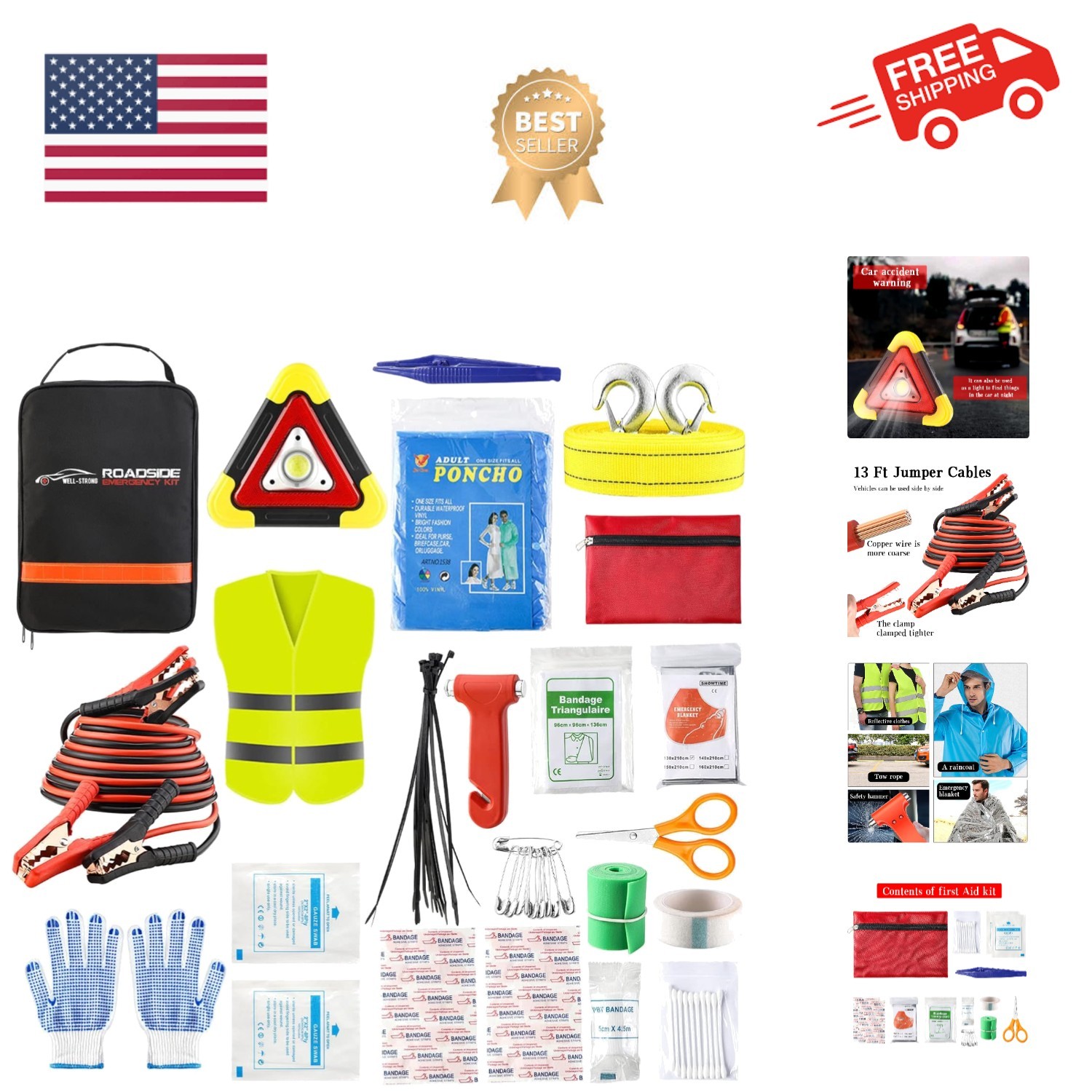 Car Roadside Emergency Kit with Reflective Warning Triangle, Assistance Kit w...