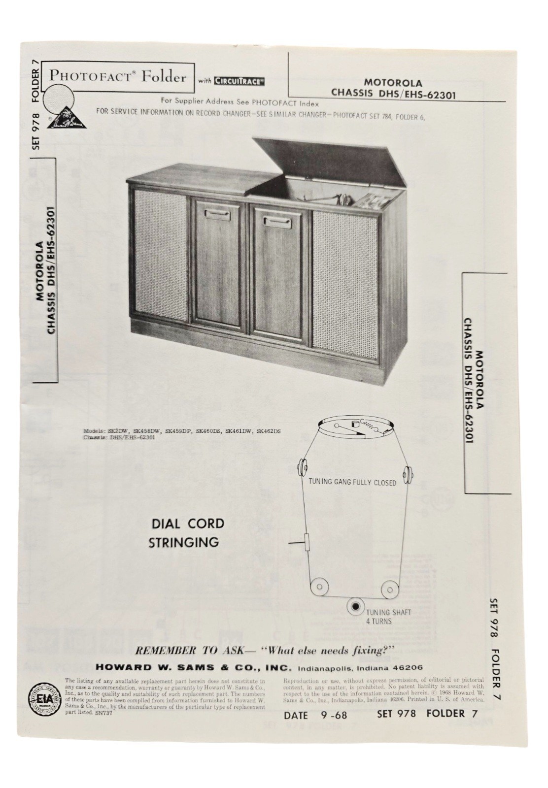 Motorola Chassis DHS/EHS-62301 Sams 1968 Schematic & Parts 13 Pgs
