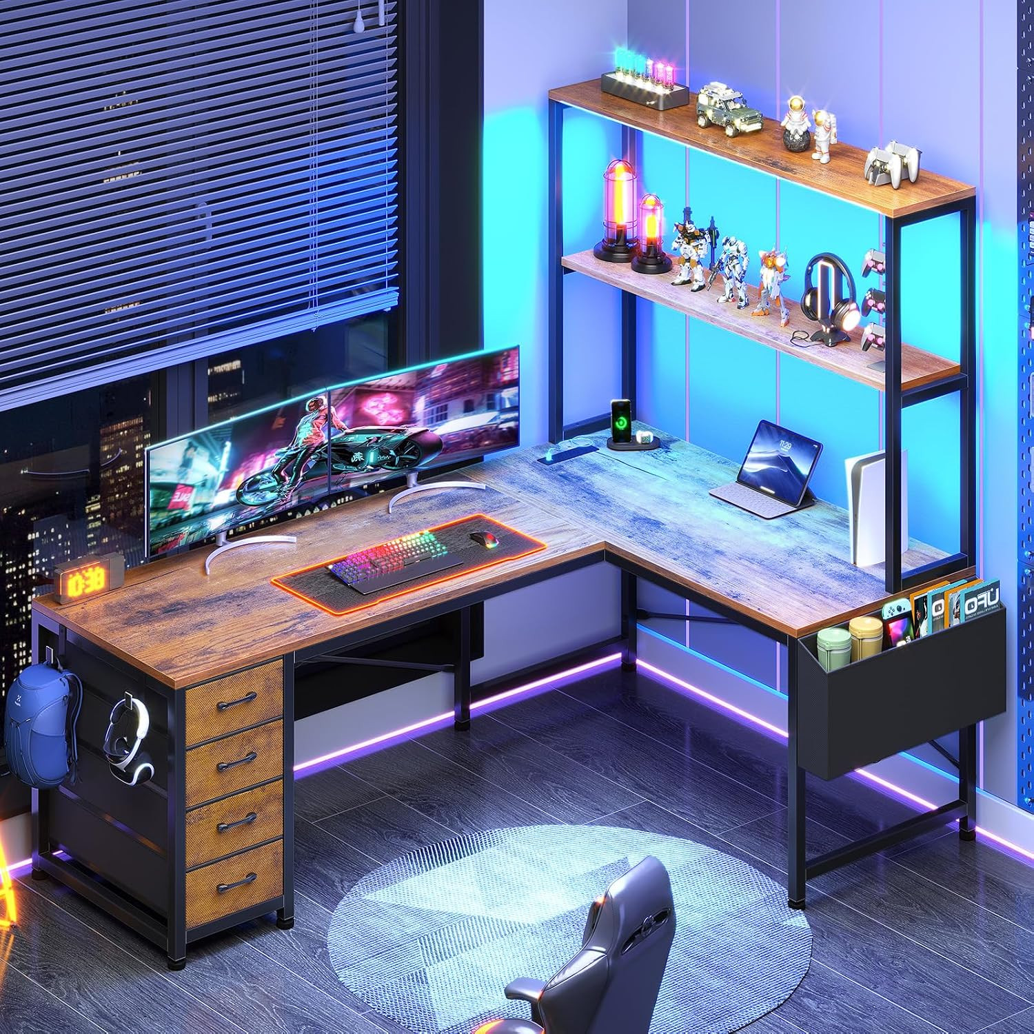 L Shaped Gaming Desk, 51.2" Reversible Small Corner Desk with 4 Drawer, Power Ou