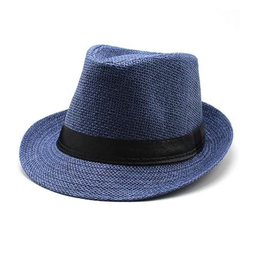 Straw Fedora Hat for Men Panama Hat Short Brim Summer Medium Black Belt-navy