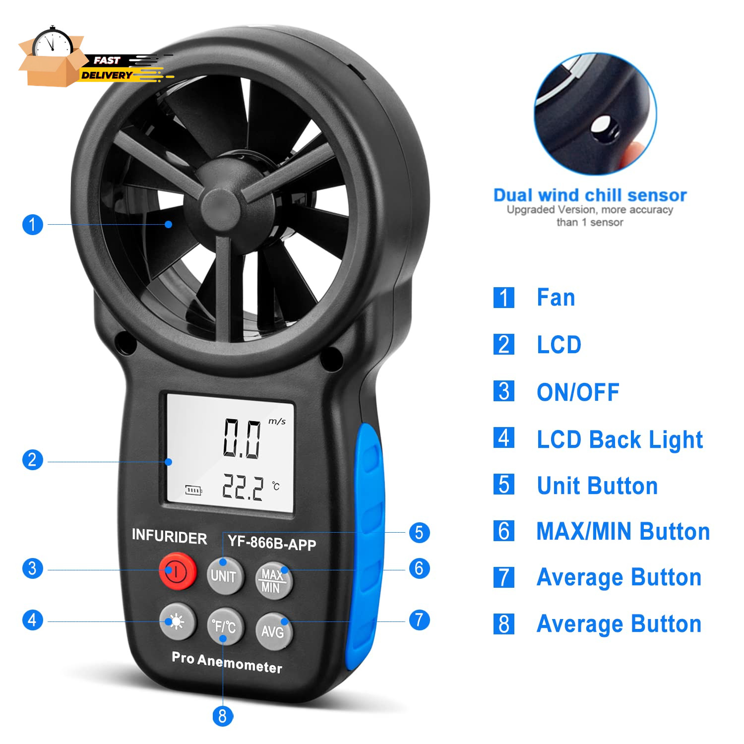 Digital Wireless Anemometer with APP via Bluetooth, Handheld Wind Speed Meter W
