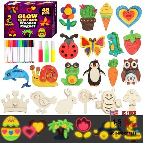 48 DIY Wooden Magnets - Wooden Art Craft Kit for Kids - Painting Kit