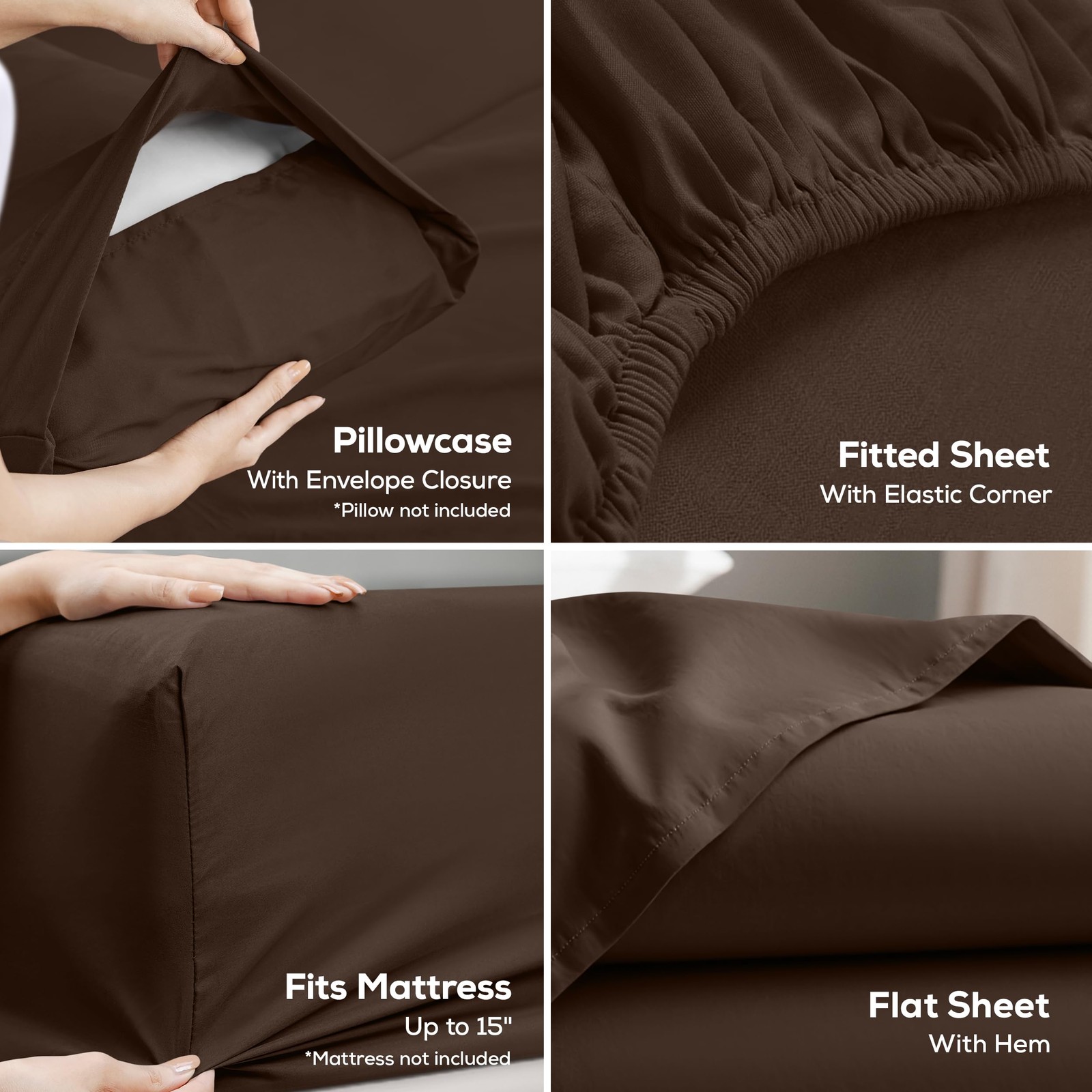 Full Sheets Set, 4 Pieces 16" Deep Pocket Hotel Luxury Bed Sheets, Brown