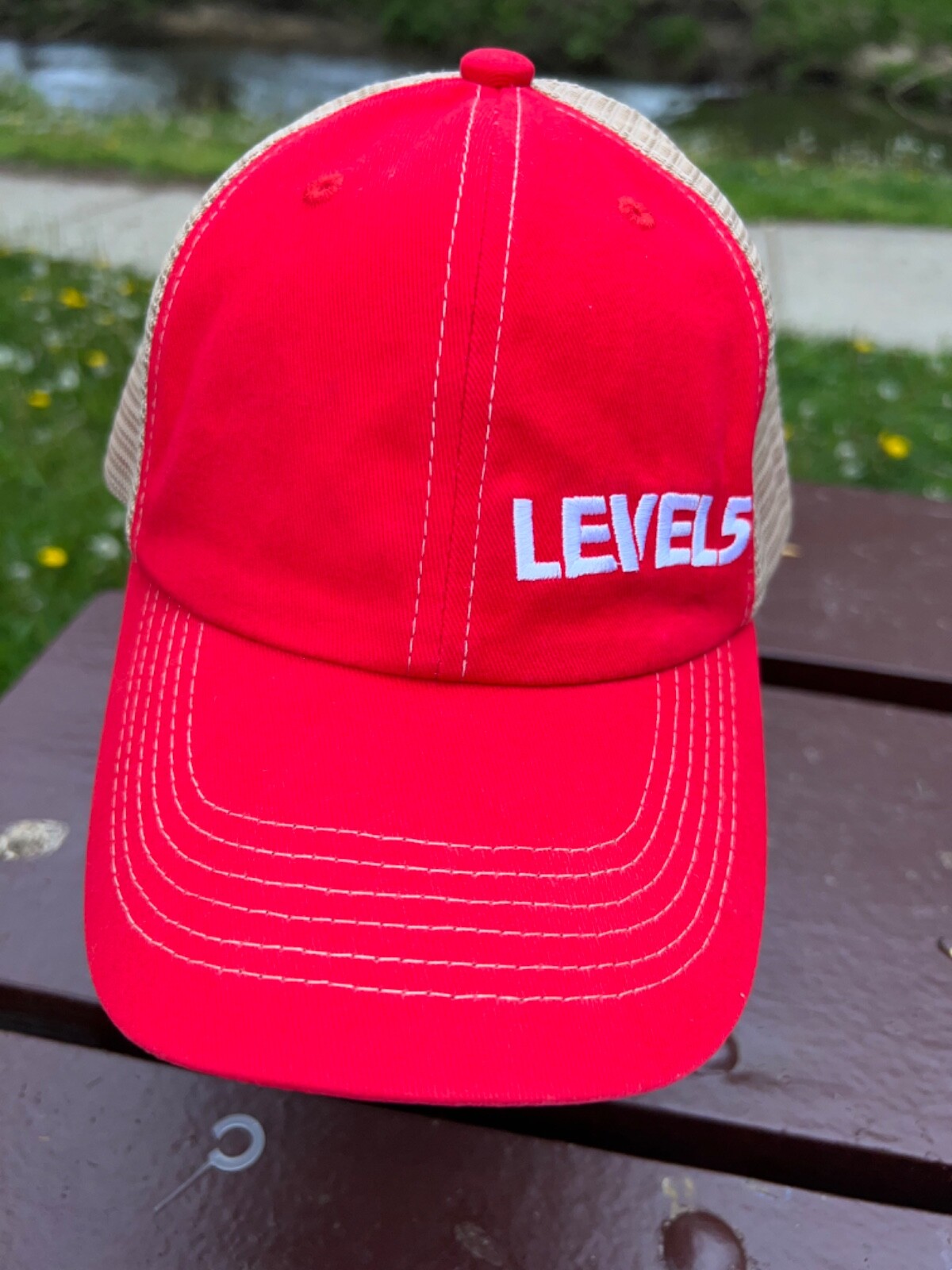 Trucker Hat Level 5 on Red Fabric Tan Mesh Hat Cap Hook Loop VGC