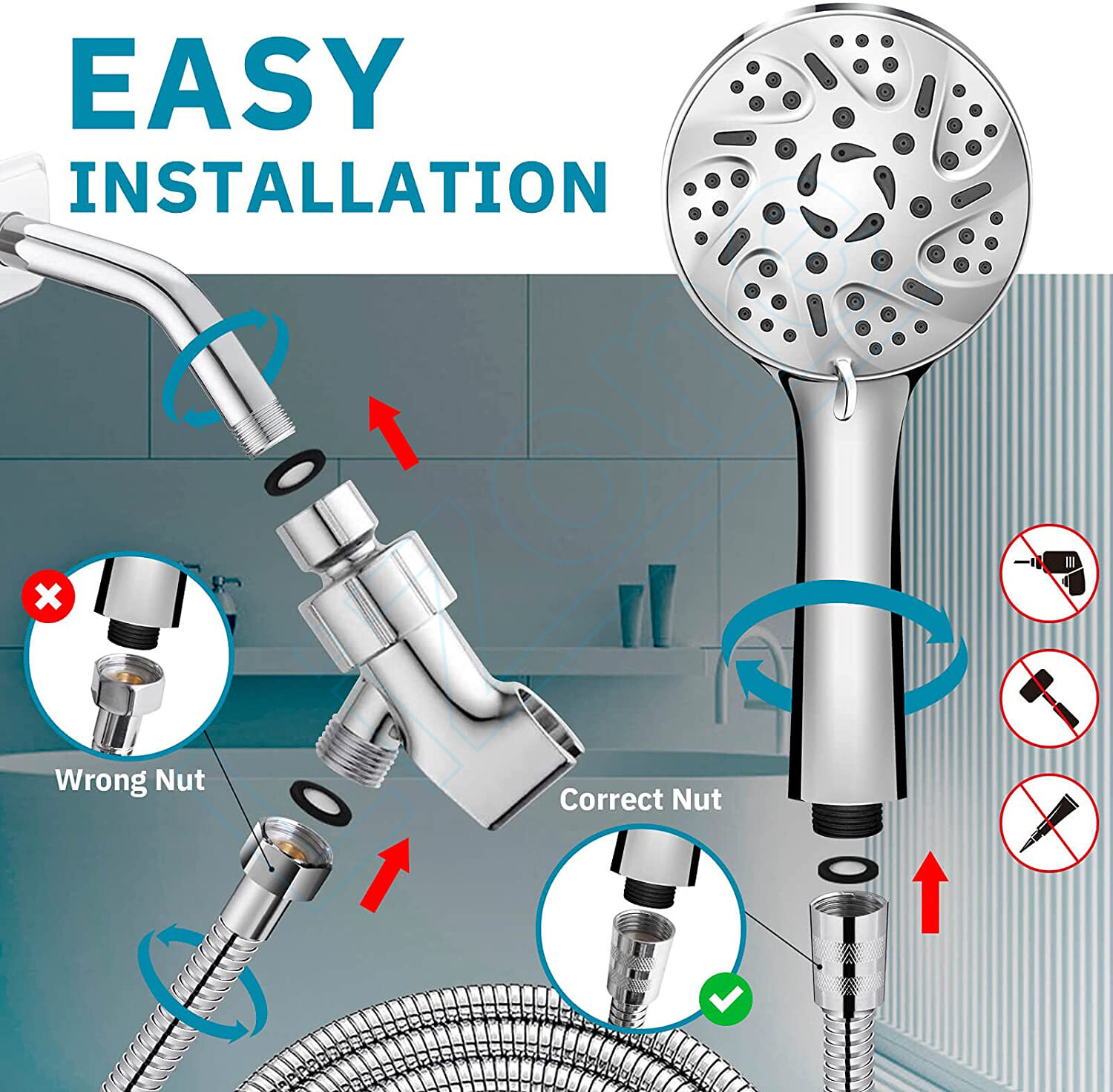 Handheld Shower Head High Pressure 9-Setting w/60" Hose & Adjustable Bracket