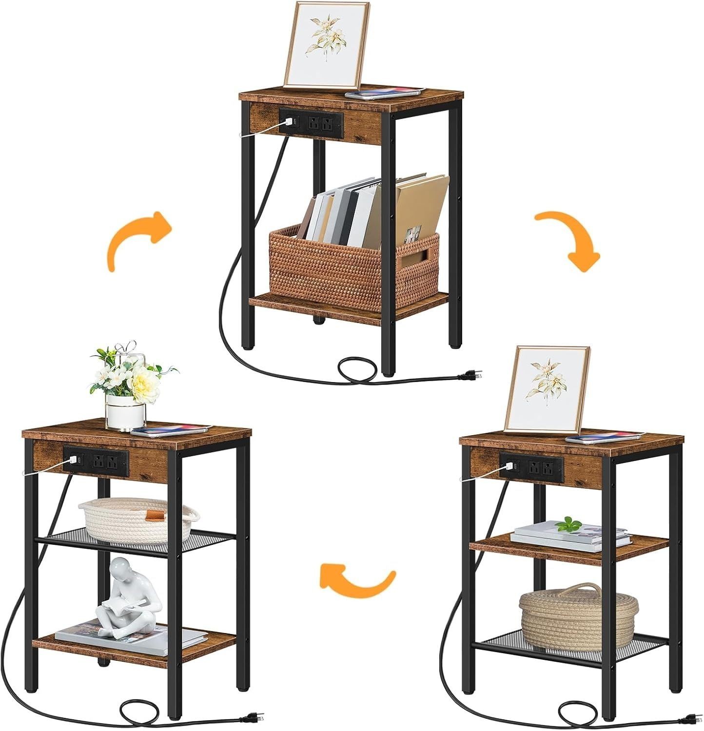 Side Table with Charging Station and USB Port, Small End Table for Small Space