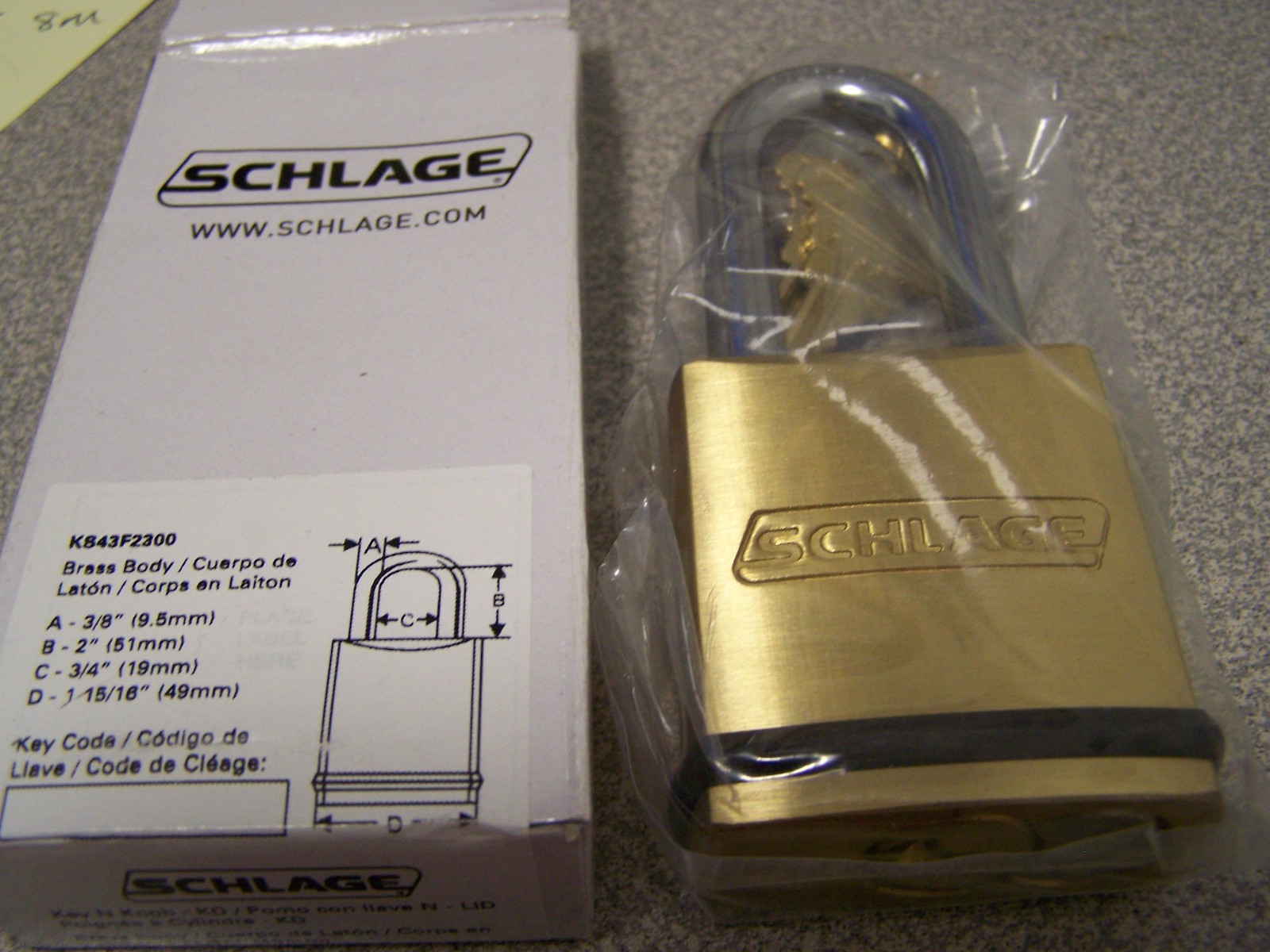3 Schlage Commercial KS43F2300 Brass Padlock 2" Shackle "C" Keyway Cylinder