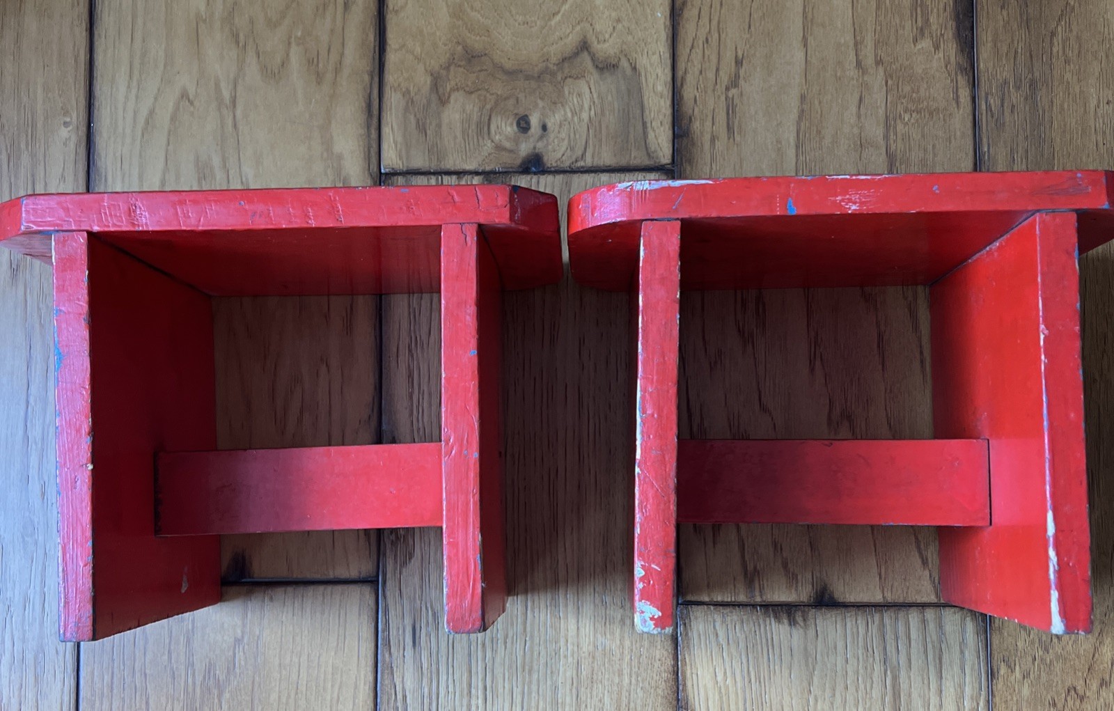 2 -Vintage Handmade Wooden Stools /seats Old Red Paint Country 6” Tall