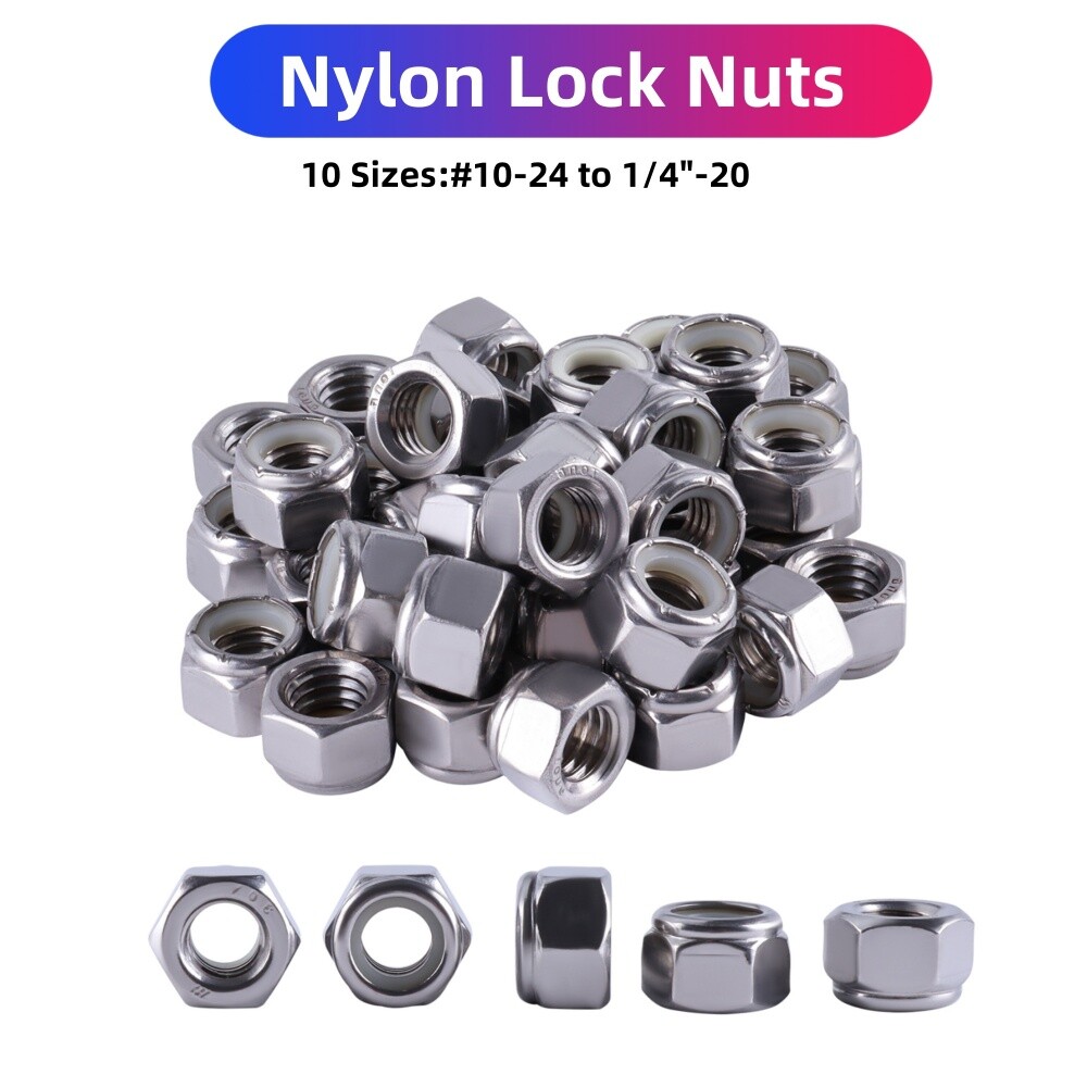 304 Stainless Steel Nylon Insert Hex Lock Nuts Nylock 10 Sizes Self-Lock Nuts