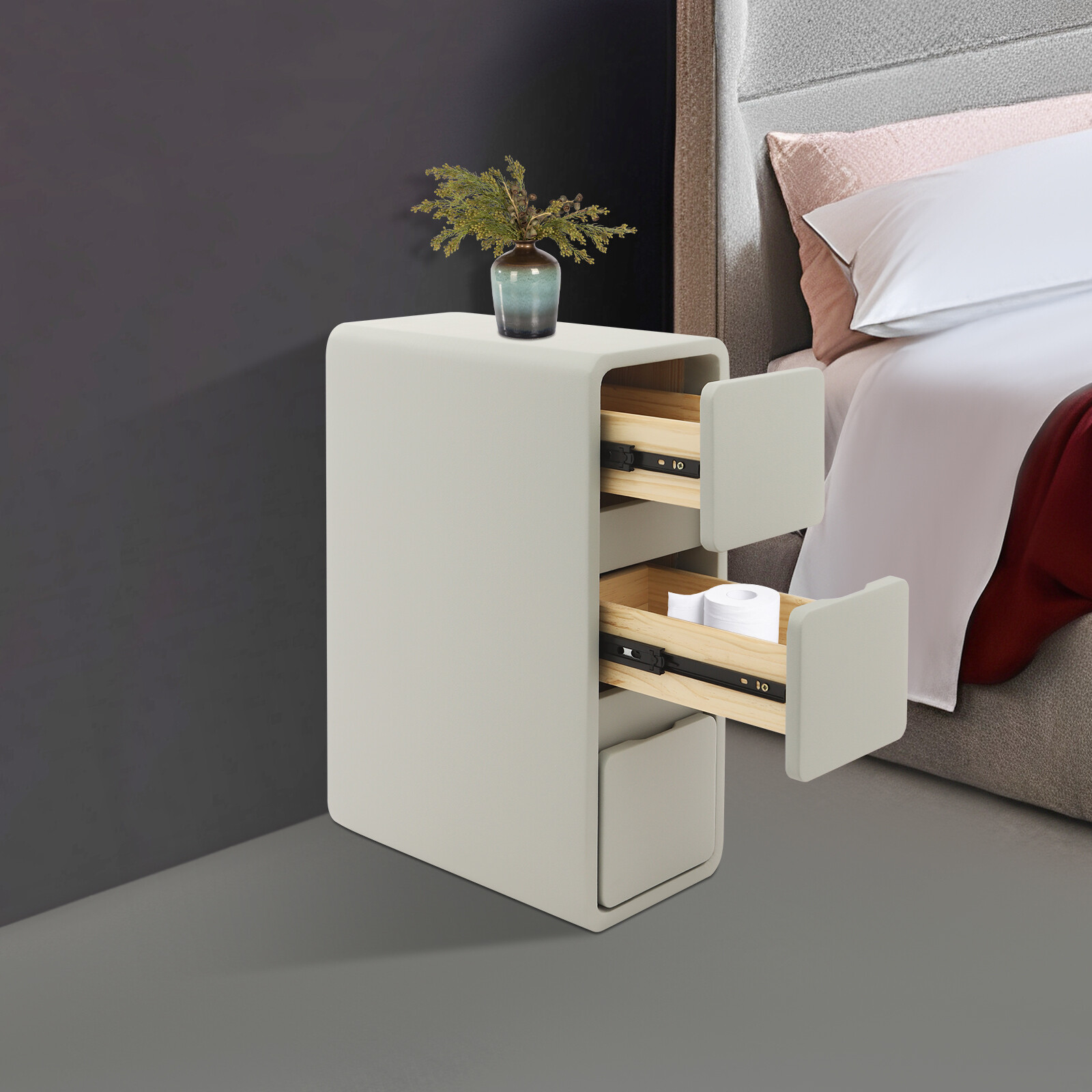 Bedroom Bedside Table Small Narrow Storage Nightstand w/ 3-Drawer Light Grey