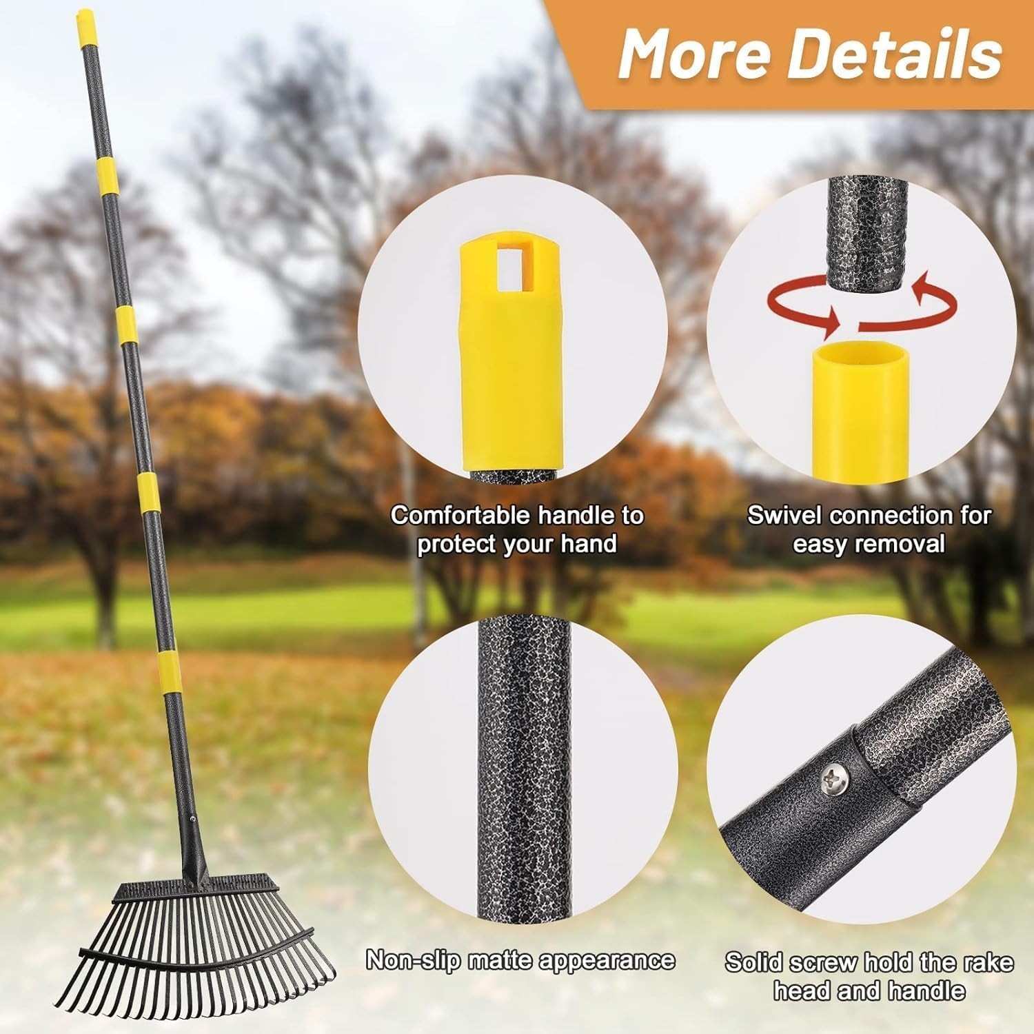 Heavy-Duty Leaf Rake with Adjustable 6ft Handle - 8.5