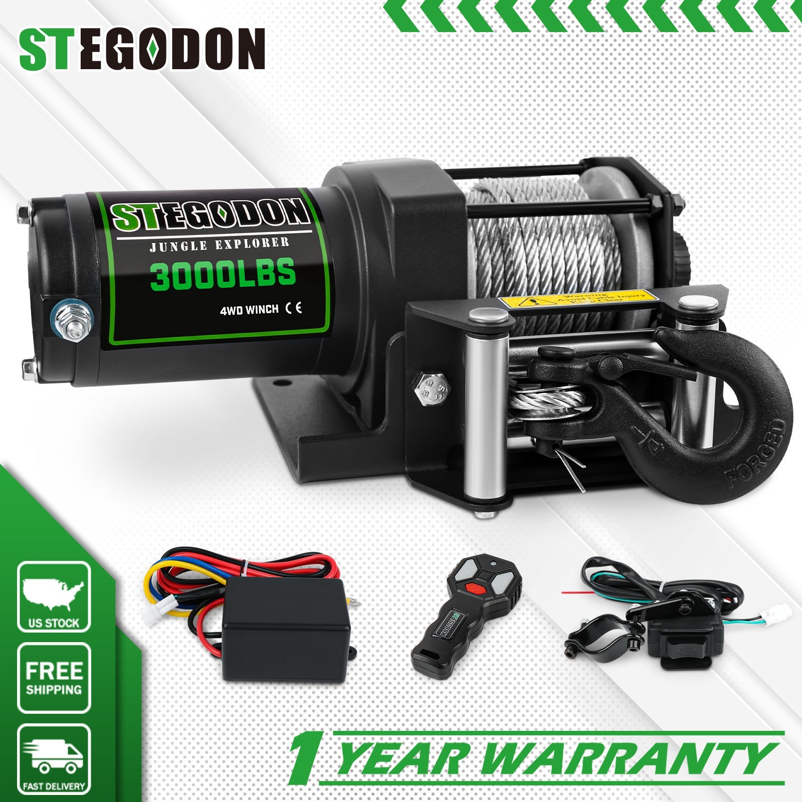 STEGODON Electric Winch 3000lbs 12V DC Steel Cable w/ Remote ATV UTV Off Road