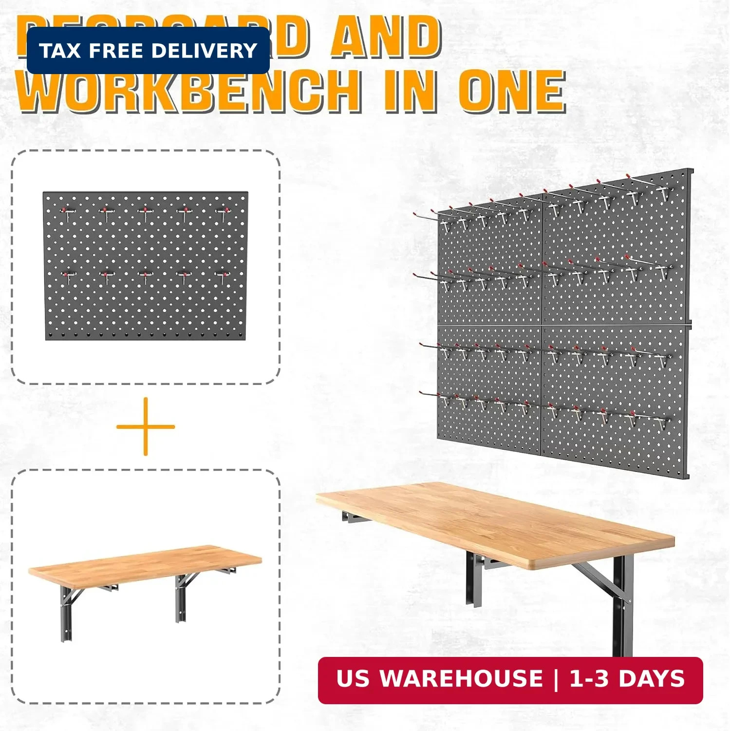 Folding Workbench with Pegboard, Wall Mount Work Table | Heavy Duty Ga