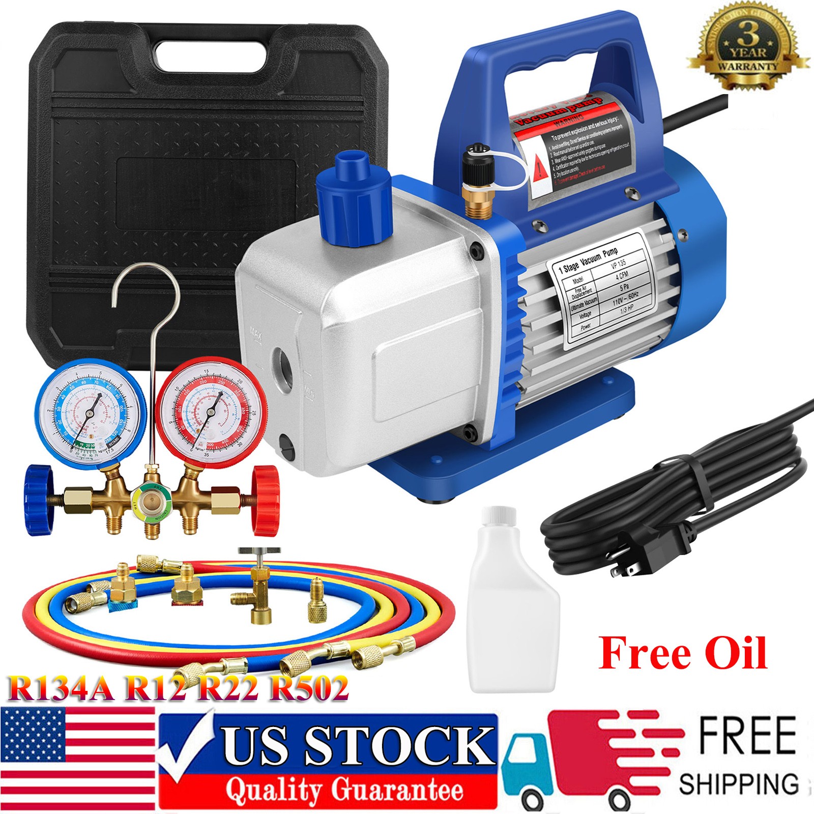 4CFM 1/3HP 1 Stage Vacuum Pump HVAC and Solid R134A Kit AC A/C Manifold Gauge