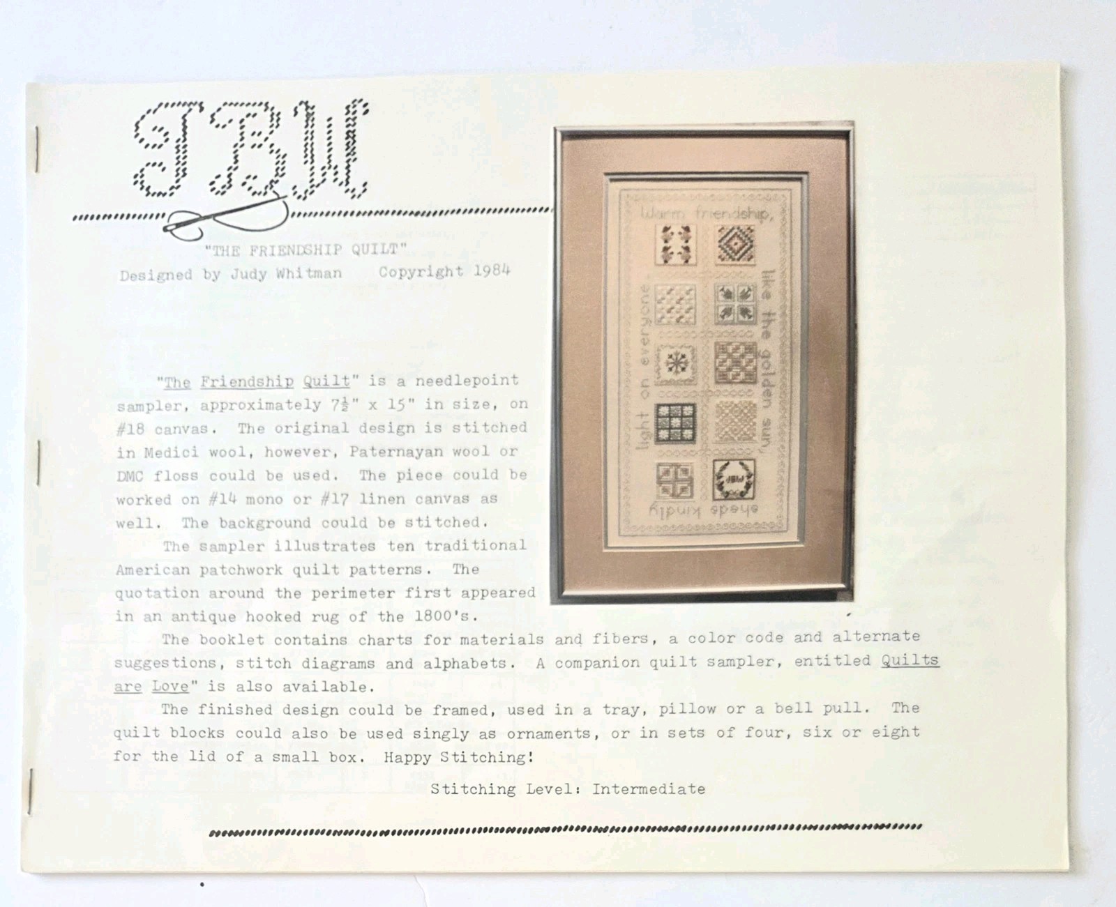 JBW DESIGNS THE FRIENDSHIP QUILT NEEDLEPOINT SAMPLER PATTERN BOOKLET, NEW