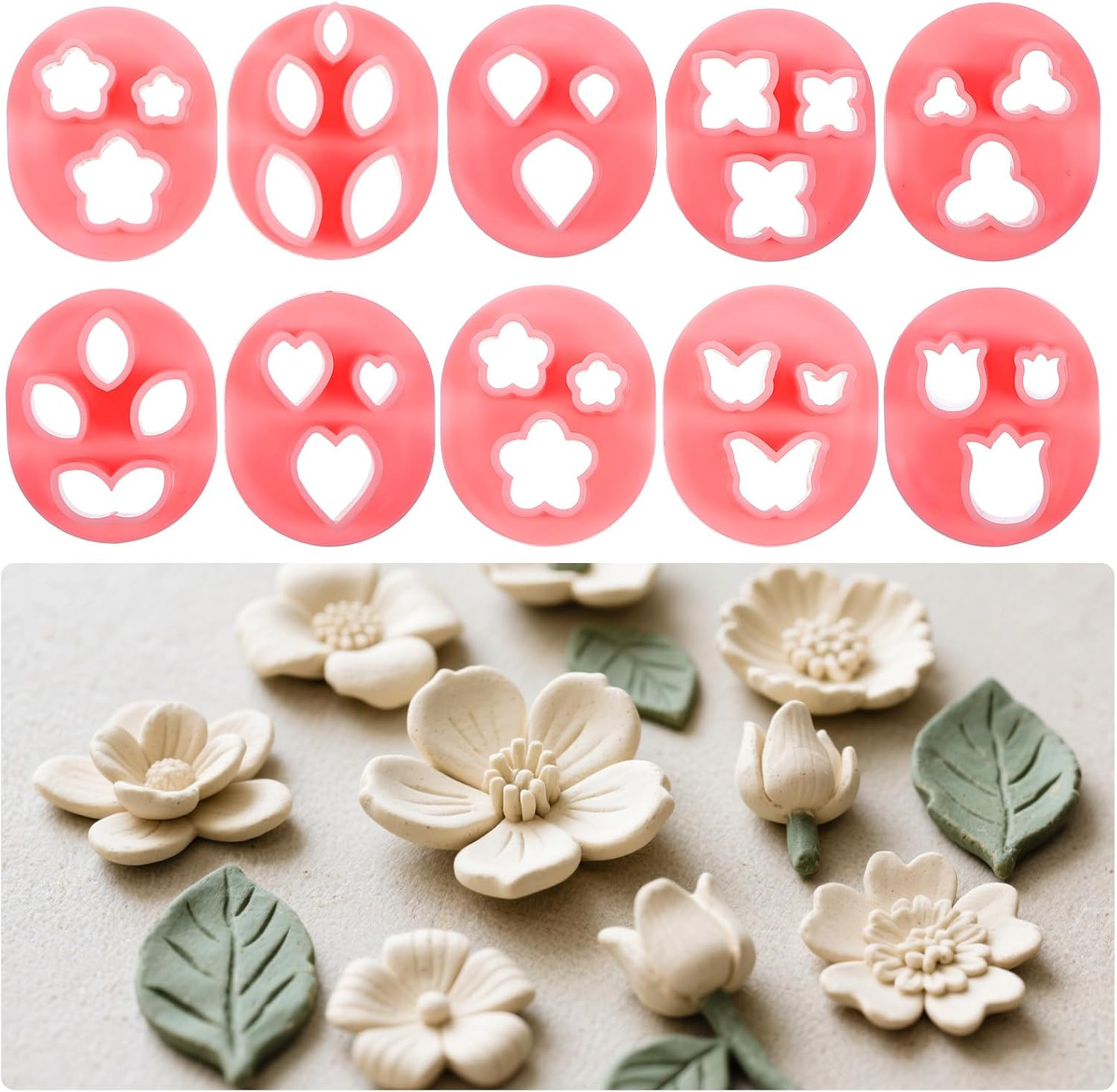 10 Pcs Flower Polymer Clay Cutters, 10 Shapes Mini Floral Clay Cutters Leaf Butt