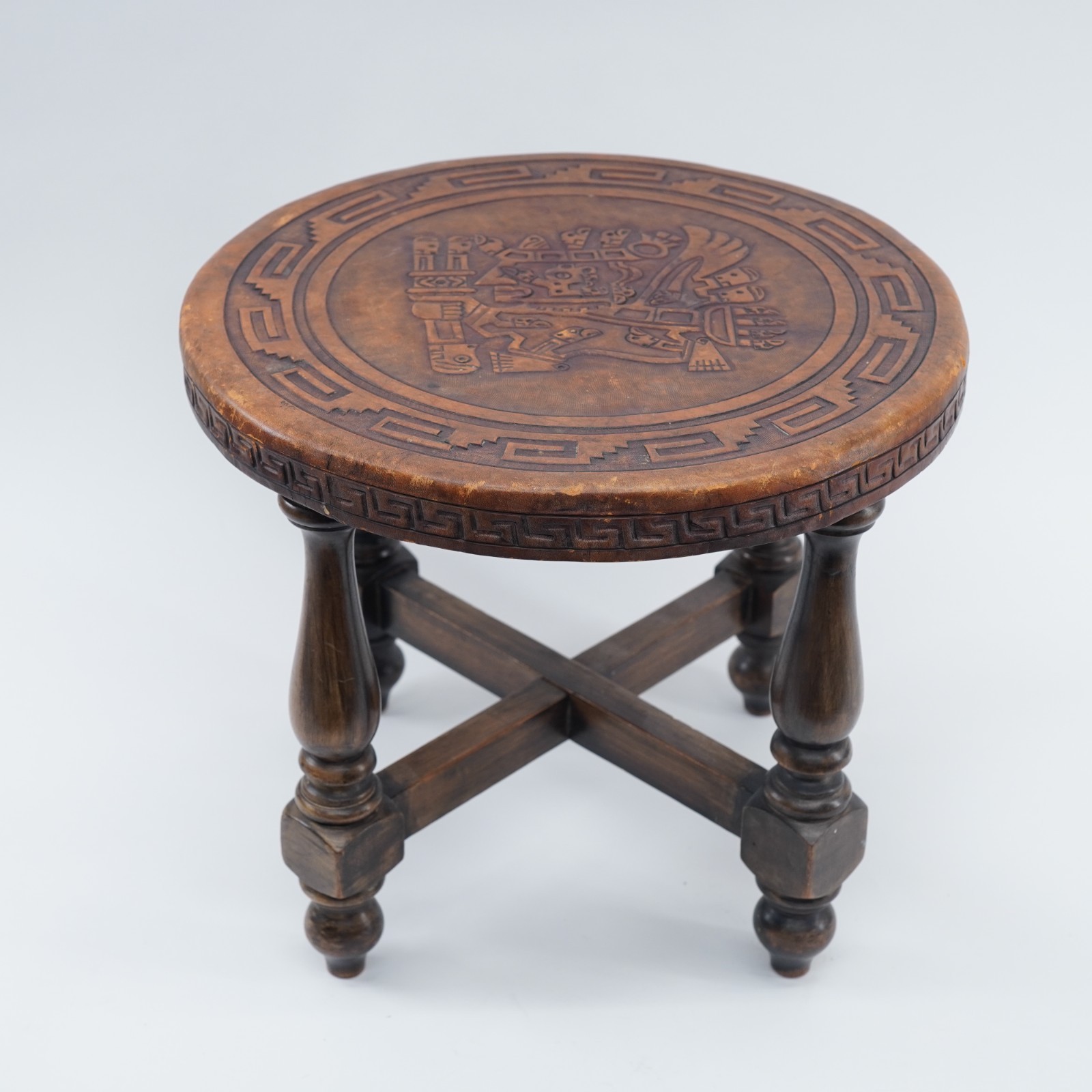 Hand Tooled Leather Top Wooden Stool Ottoman Ethnic Peru Mayan Aztec Warrior