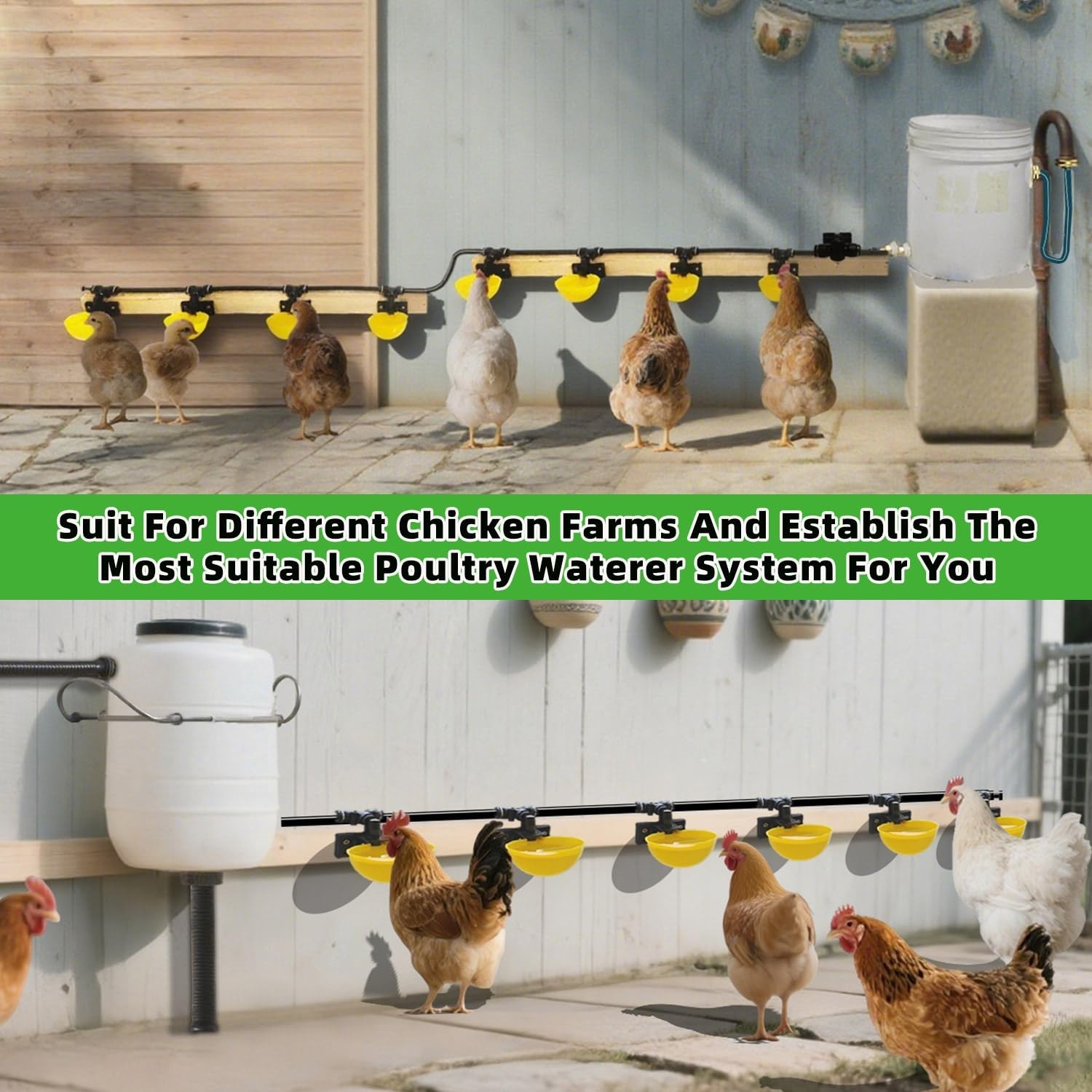 Automatic Chicken Waterer System - 21ft Quick-Connect Pipeline, 10 Large Washabl