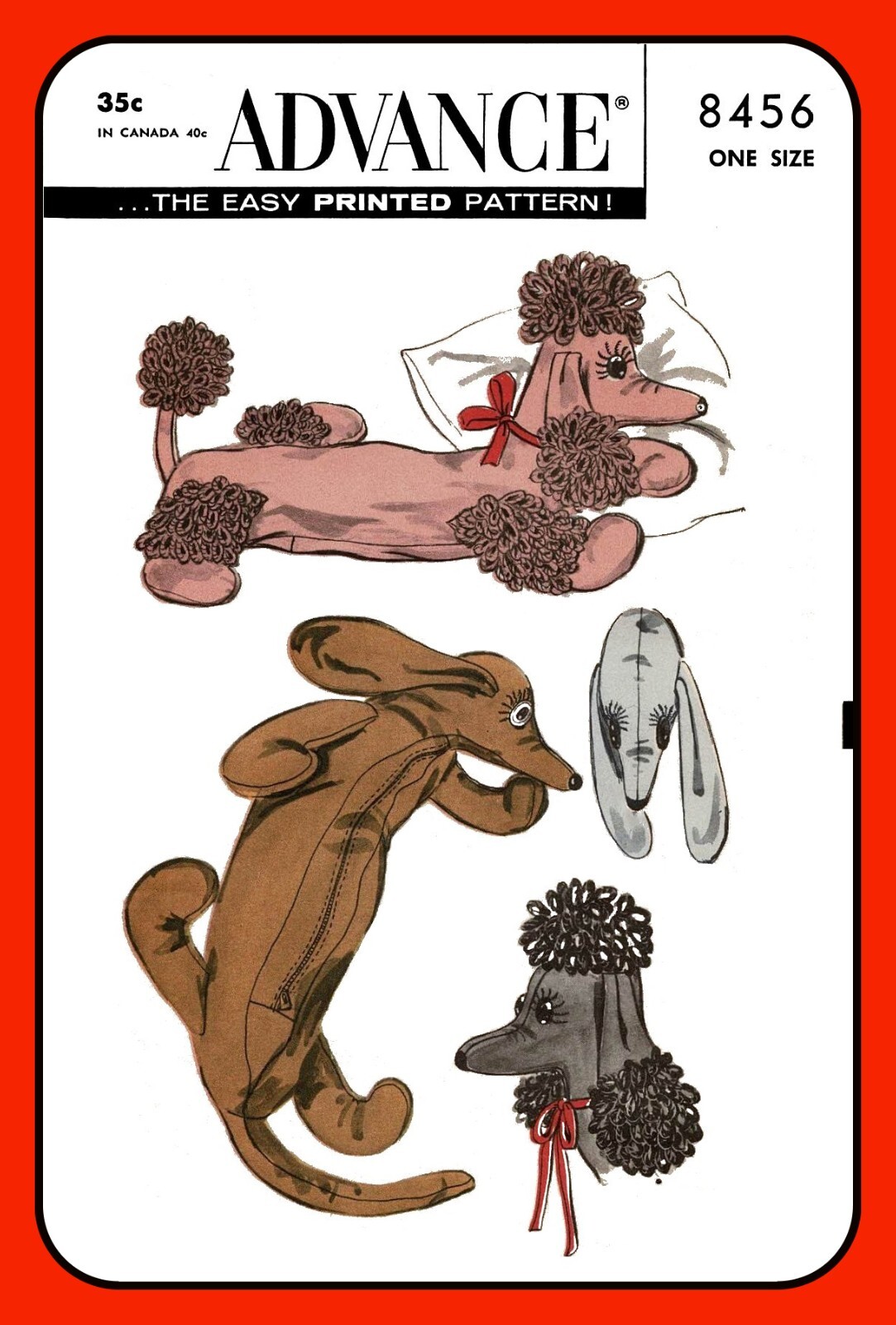 Pajama Bag Pattern or Stuffed Animals Dog POODLE Dachshund Advance 8456 Vtg 1957