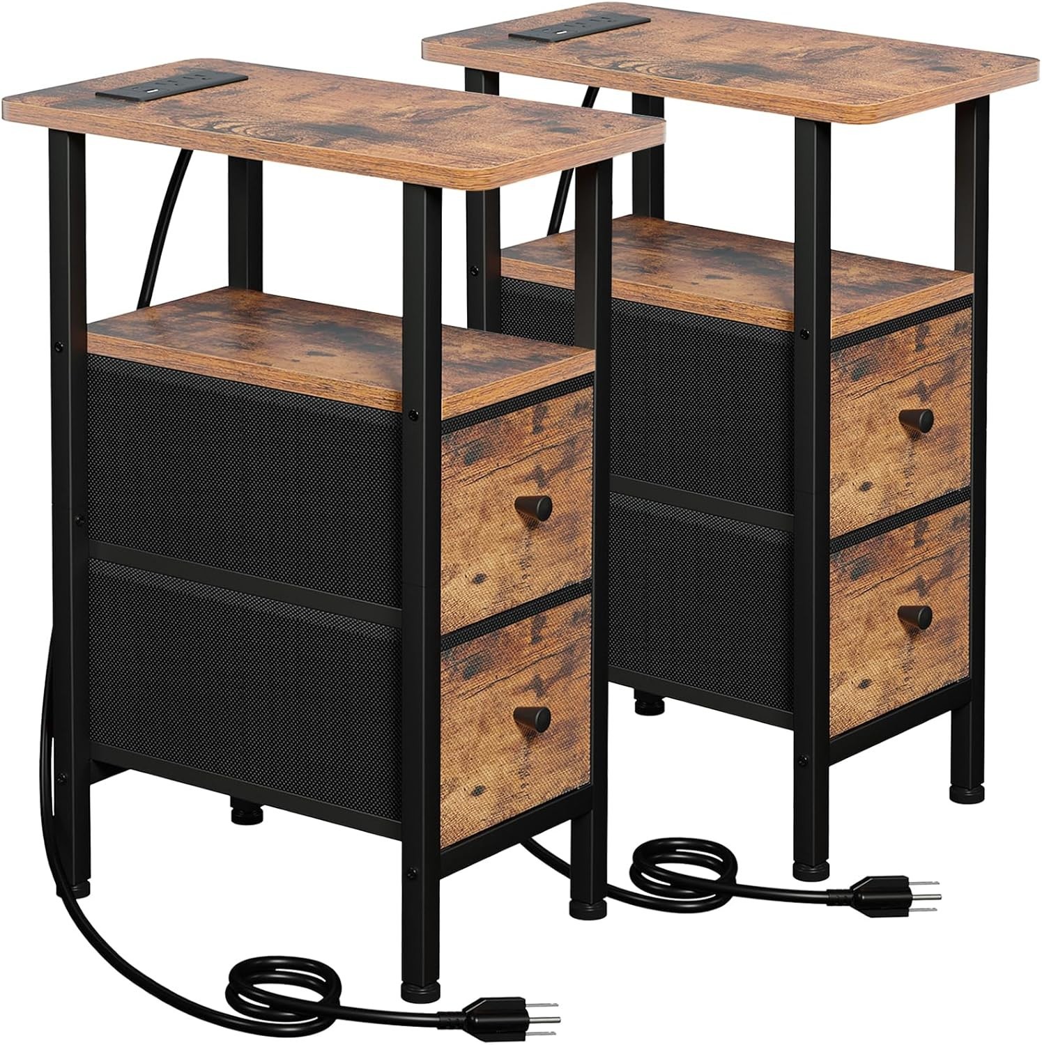 Narrow End Tables Living Room Set of 2 with Charging Station, Skinny Side