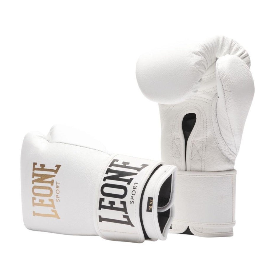 LEONE Sport Premium Boxing Gloves – White|Genuine Leather | Hook & Loop Training