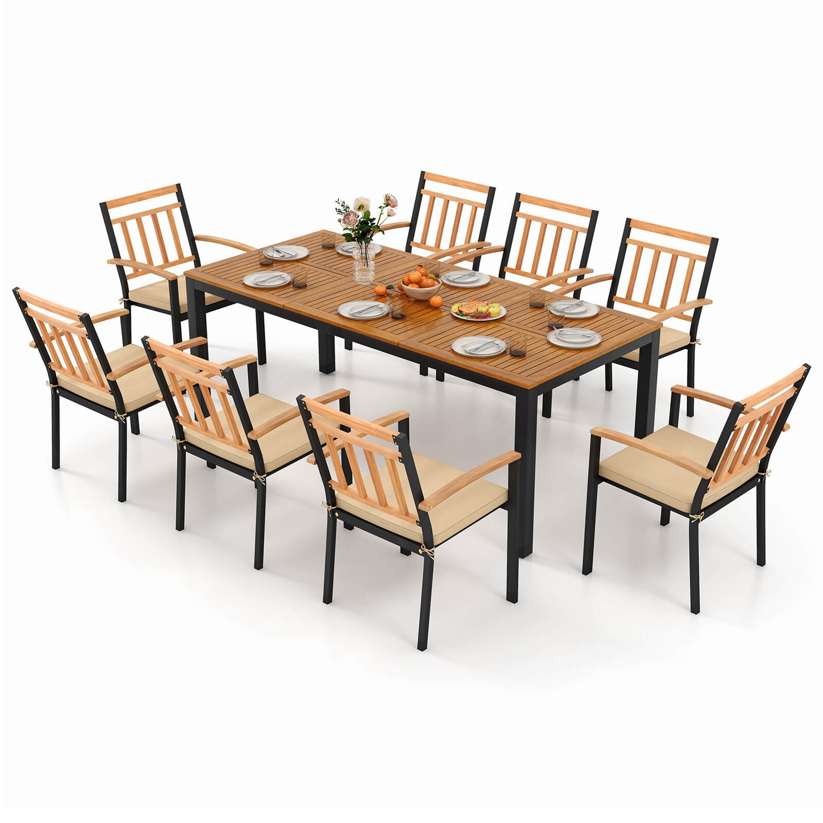 Outdoor 9 PCS Dining Table & Chairs Set Table w/ Acacia Wood Top Umbrella Hole