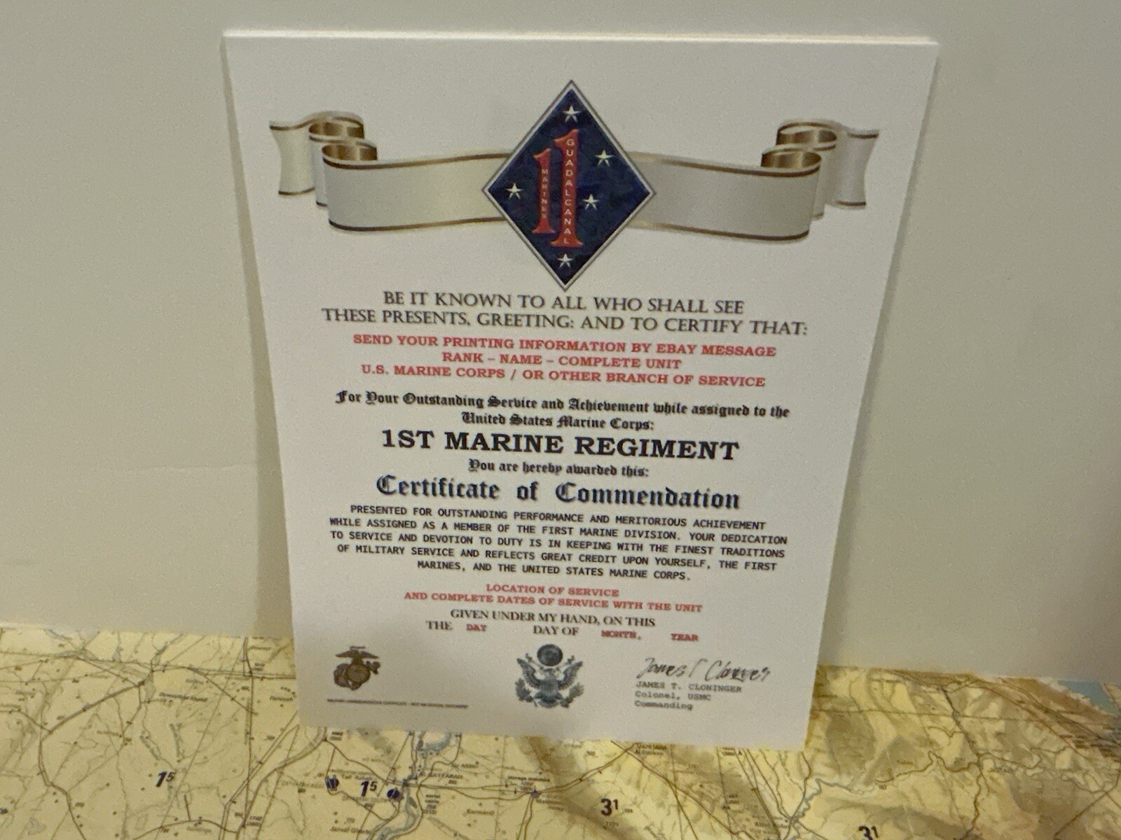U.S. MARINE CORPS / 1ST MARINE REGIMENT (1 MARDIV) - CERTIFICATE OF COMMENDATION