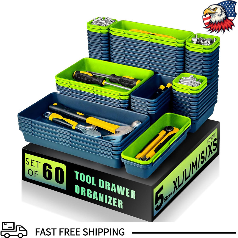 Tool Box Organizer Tray, 60 PCS 5 Sizes, Blue and Green, ABS Plastic, Interlocki