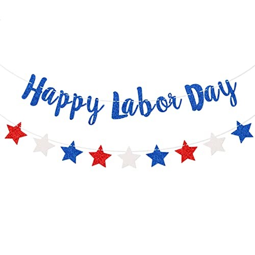 Happy Labor Day Banner, Red White Blue Glitter Star Sign | Patriotic Party