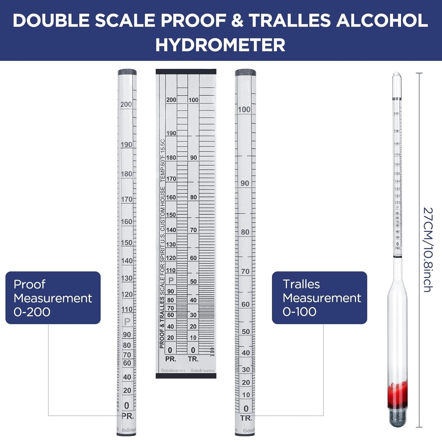 3 Pcs Glass Hydrometer Alcoholmeter 0-200 Proof, Alcohol Hydrometer Digital for