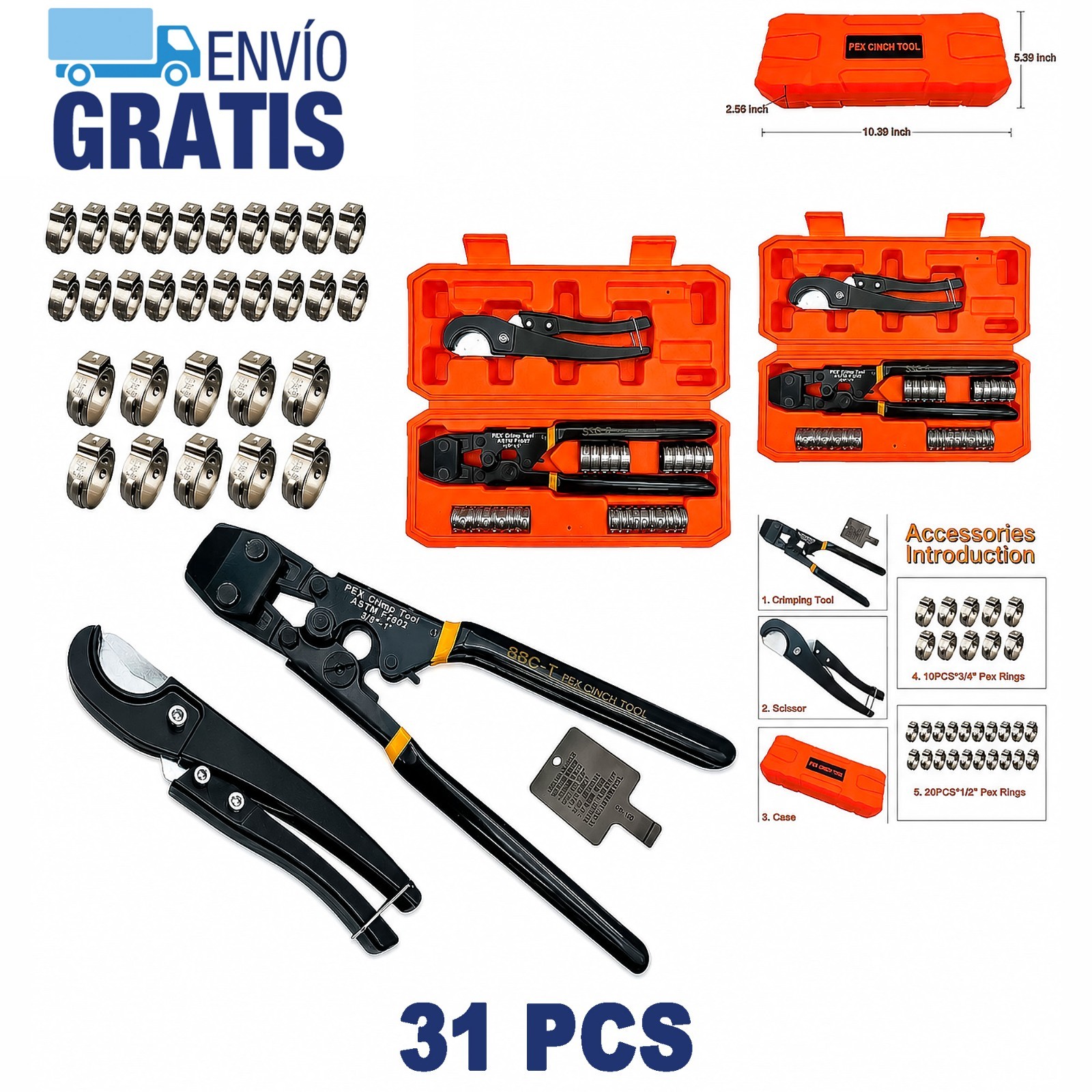Pinza Engarzadora PEX Crimpadora Trinquete Abrazaderas 3/8"-1" Corta Tubo 30 PCS