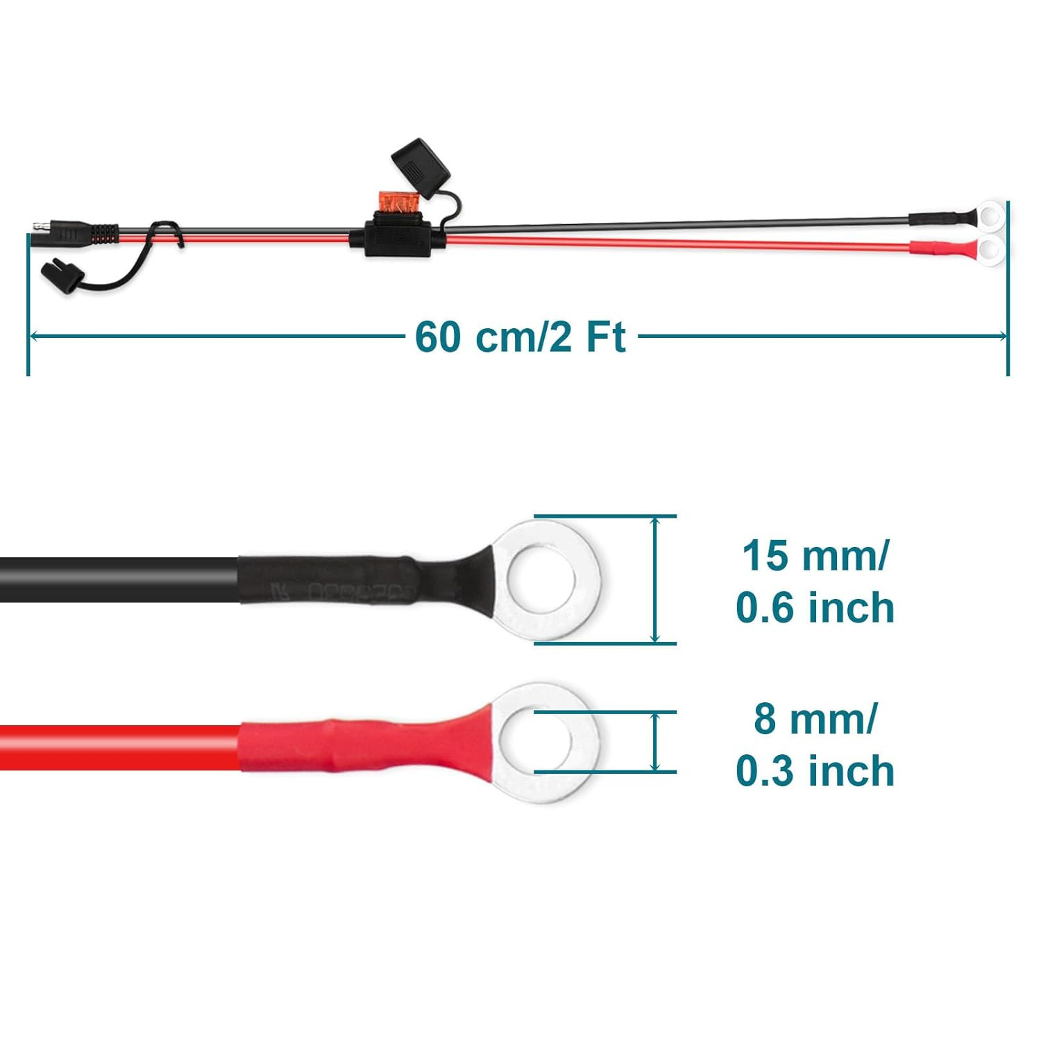 SAE Extension Cable, 2FT 10AWG SAE Battery Connector, Ring Terminal Harness Acce