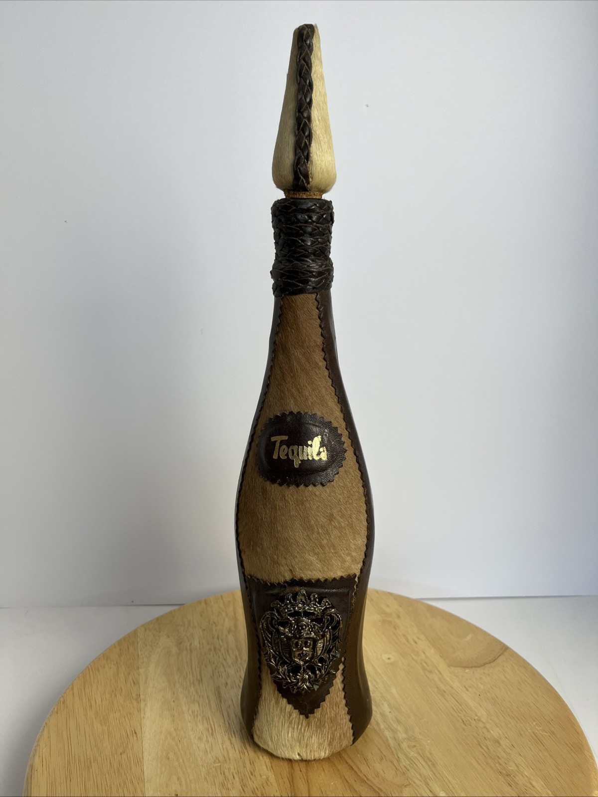 Vintage Tequila Bottle Leather Deer Fur Hide Wrapped Front Crest Home Bar Decor