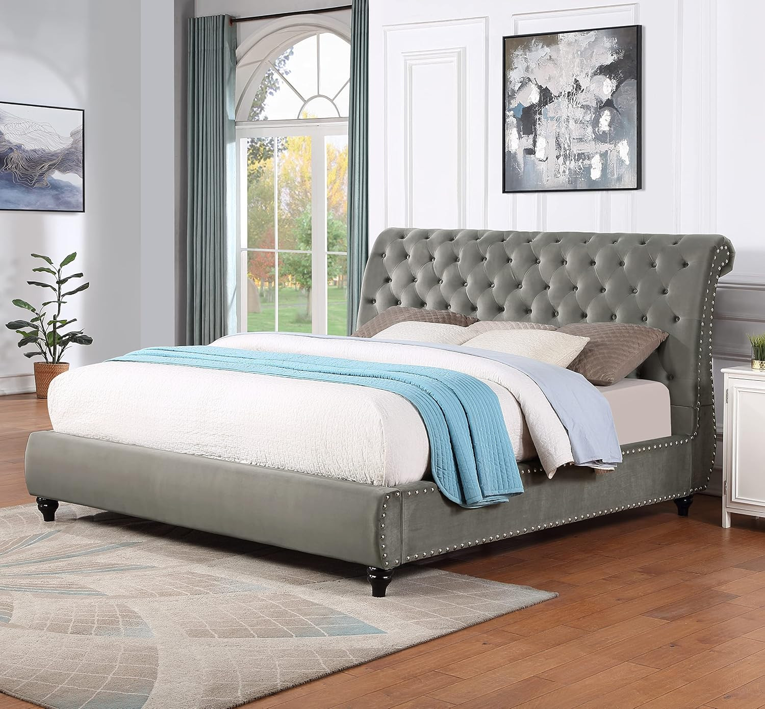 Cerderia Velvet Upholstered Button Tufted Nailhead Trim Sleigh Bed, King, Gray
