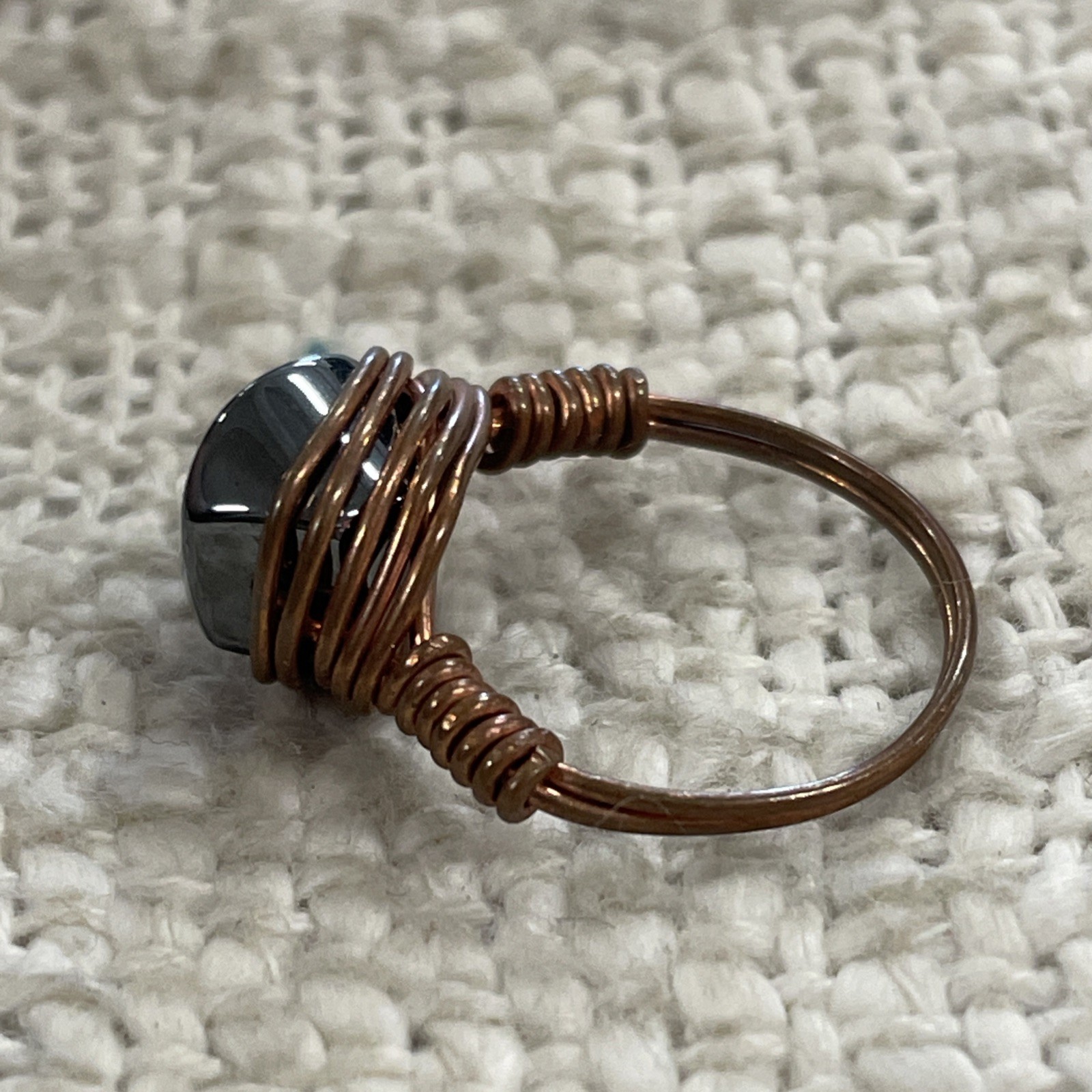 Copper Wire Wrapped Polished Gray Stone Ring Size 6.25