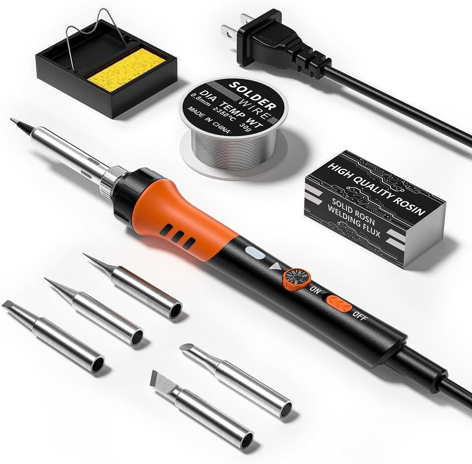 60W Adjustable Temperature Soldering Iron Kit - 9-In-1 with 5 Tips, Solder Wire