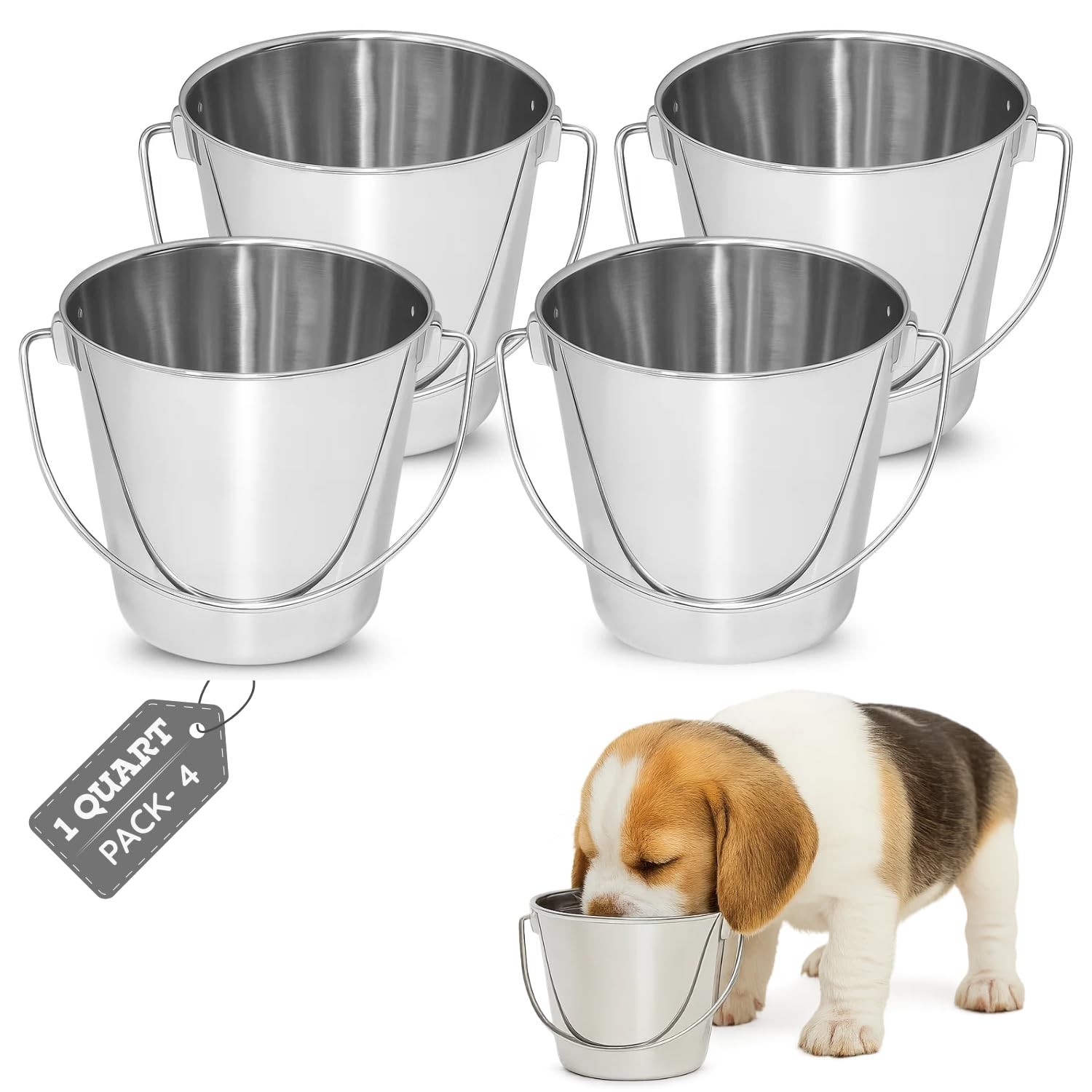 Heavy Duty Stainless Steel Dog Water Bucket with Handle, 1 Quart (0.25 Gallon...