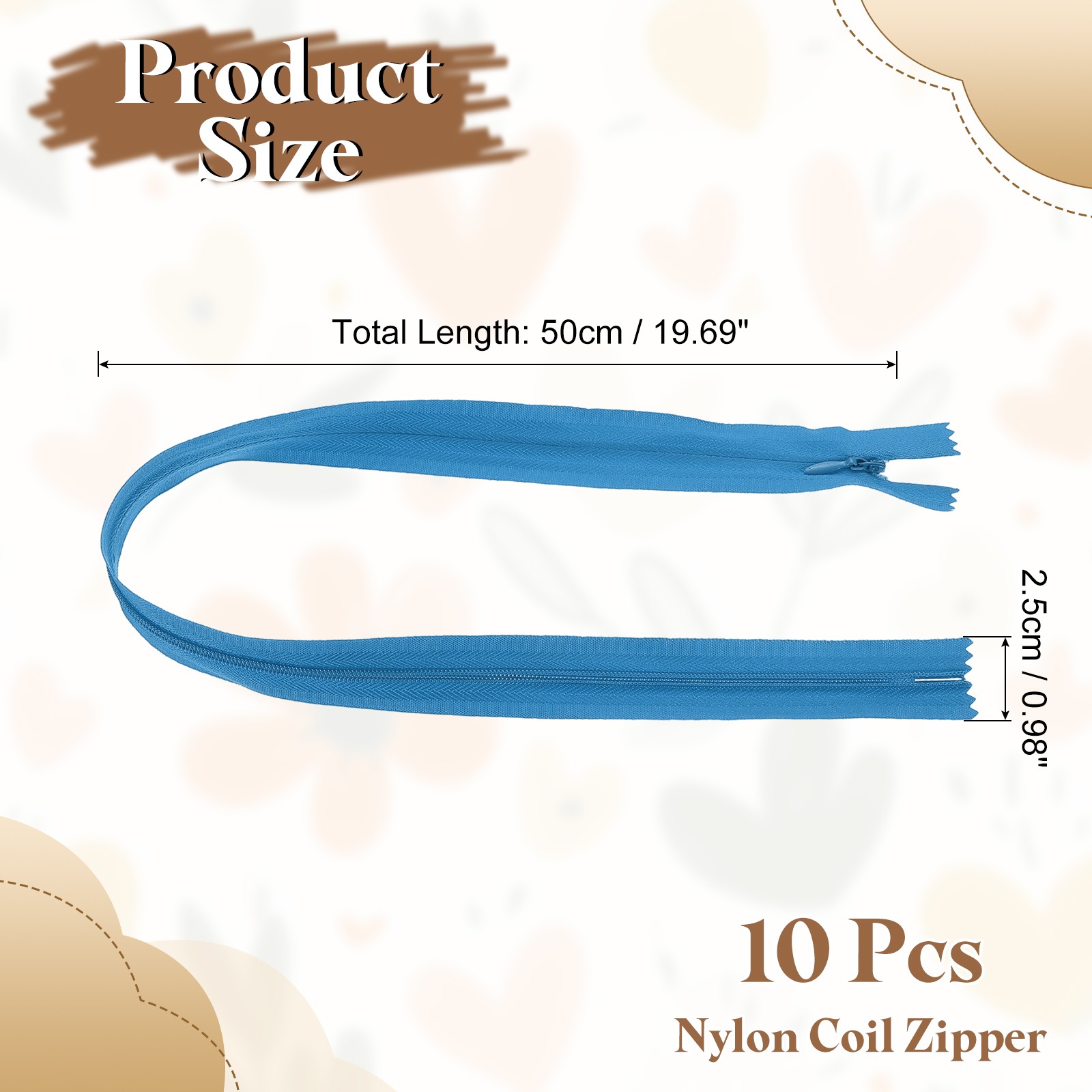 10Pcs 20" Nylon Coil Zippers, #3 Closed End Jacket Zippers, Blue
