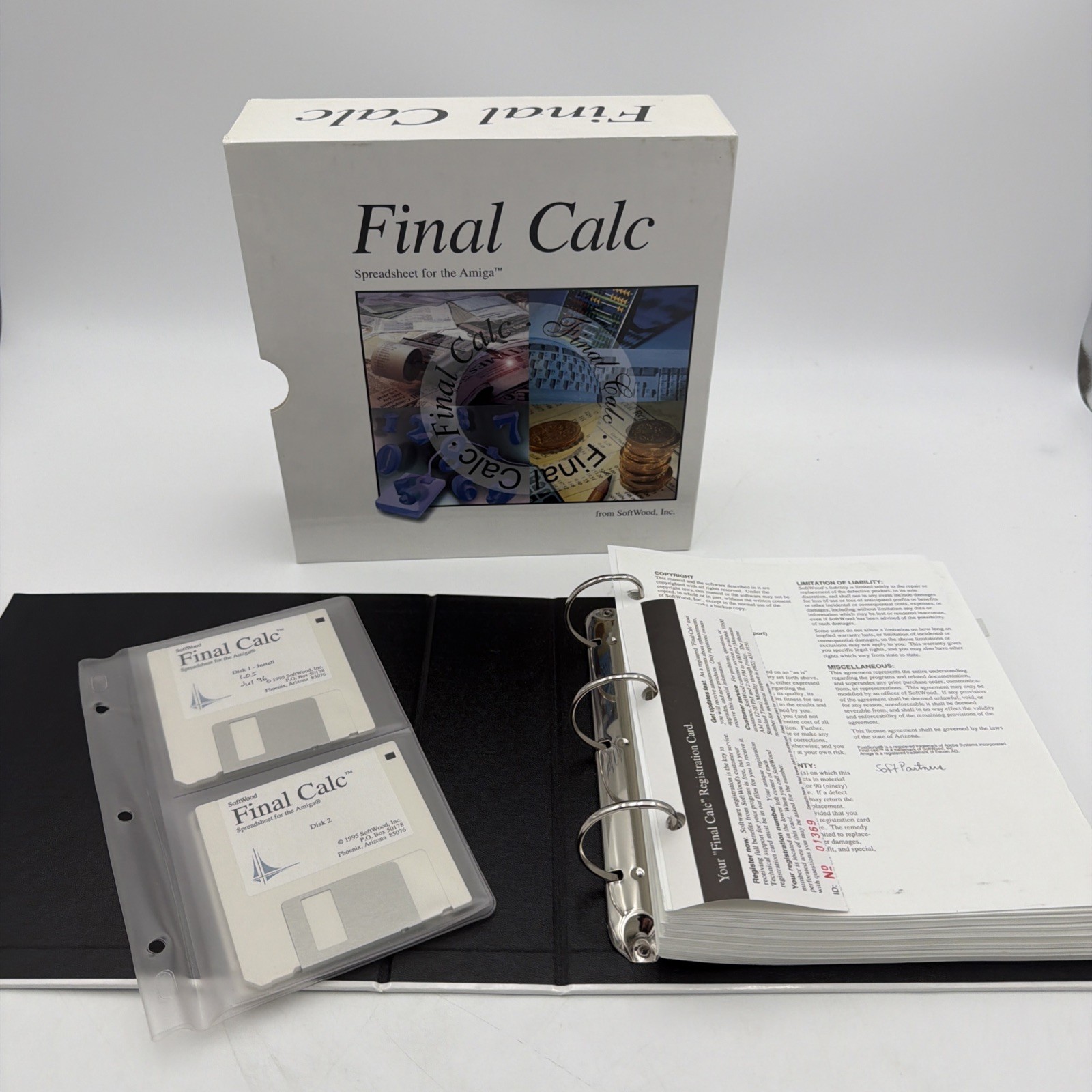 Final Calc Amiga Complete Box Binder Manual 4 Disks Tested SoftWood Spreadsheet