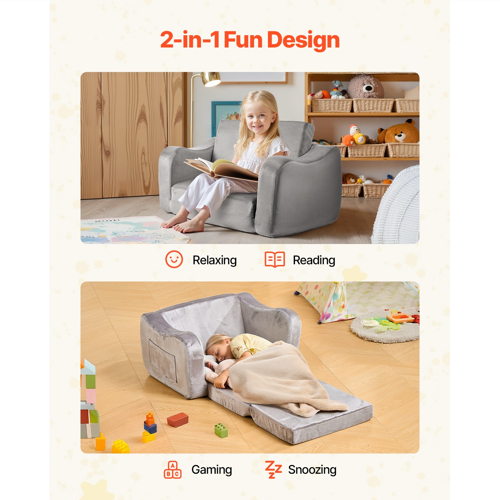 Uimoso 2-in-1 Kids Sofa Convertible Couch with Armrests, Gray Baby Toddler Chair