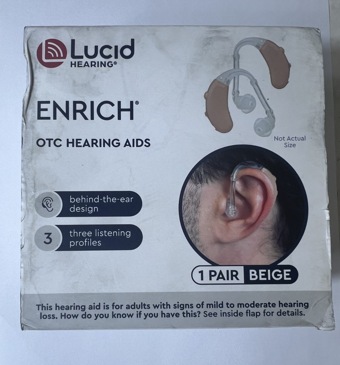 NEW Lucid Hearing Enrich OTC Hearing Aids Beige New Open Box 10081 1 Pair ENRICH