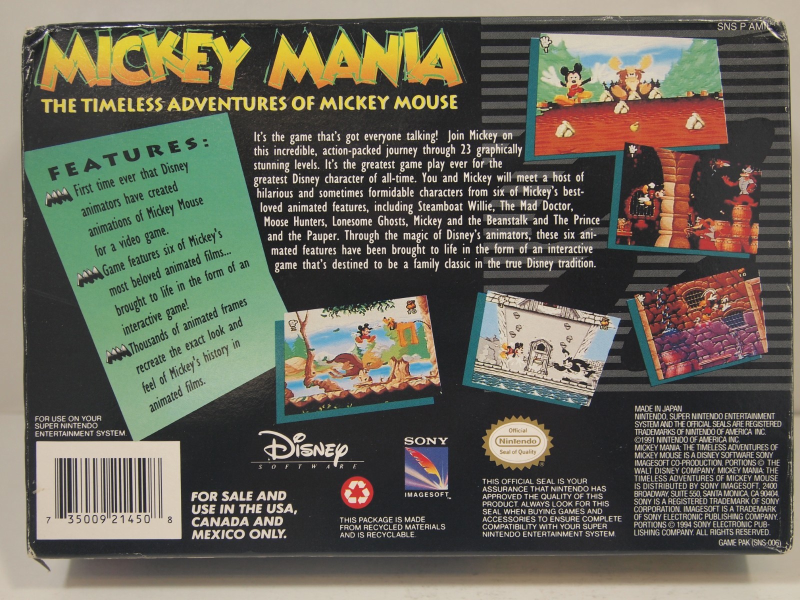 Mickey Mania (Super Nintendo | SNES) Authentic BOX ONLY