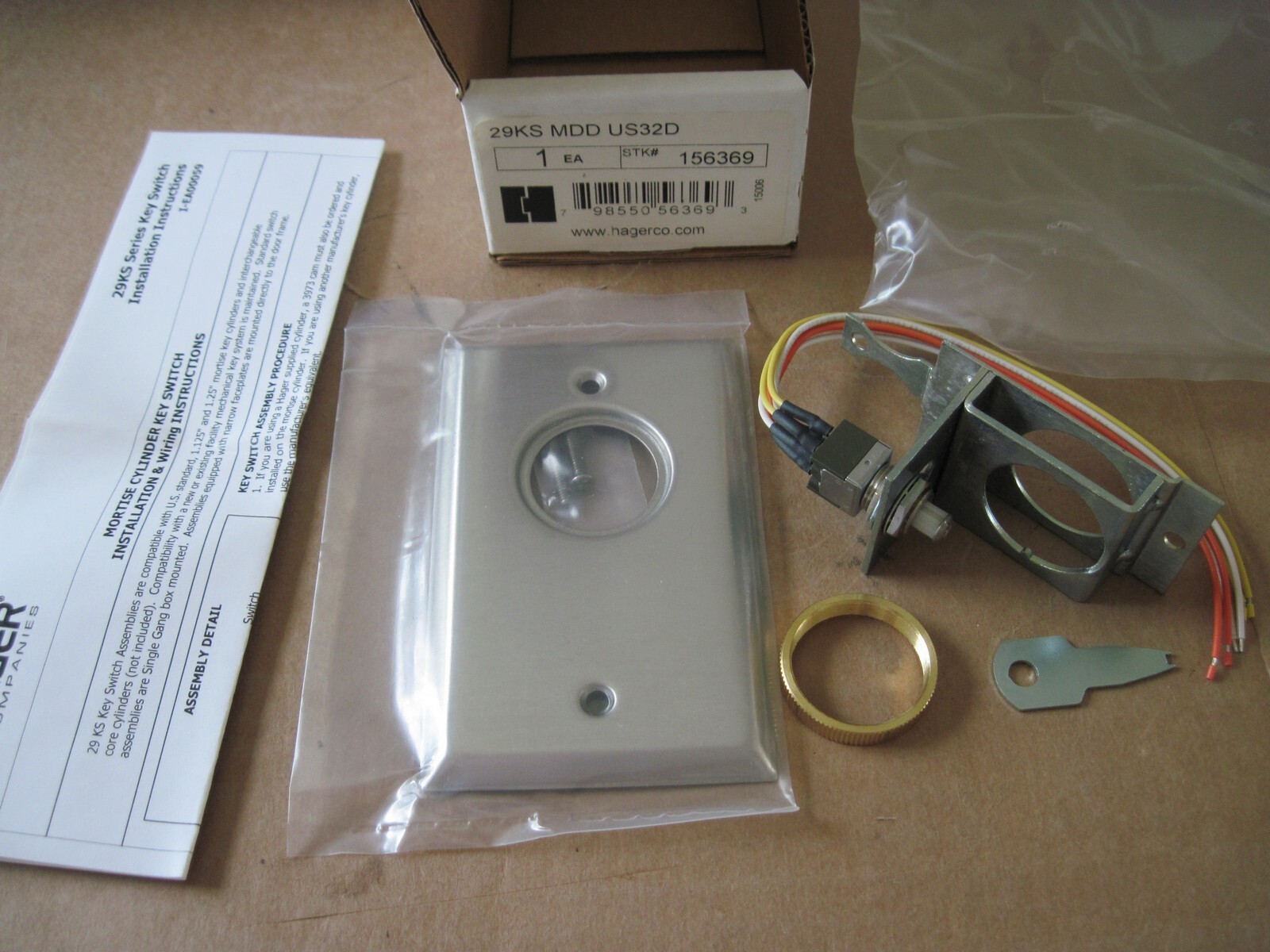 Hager 156369 Single-Gang Mortise Cylinder Key Switch 29KS MDD US32D DPDT NEW