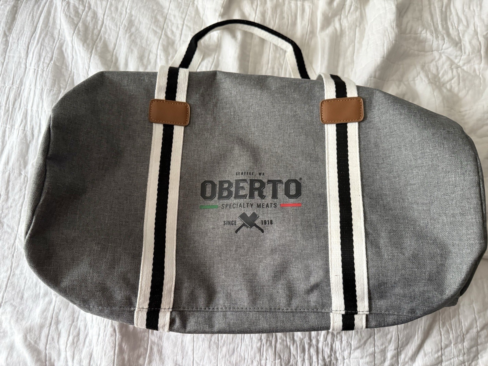 Oberto Meats Gray Canvas Duffel Bag Dual Handles Zipper Carry On