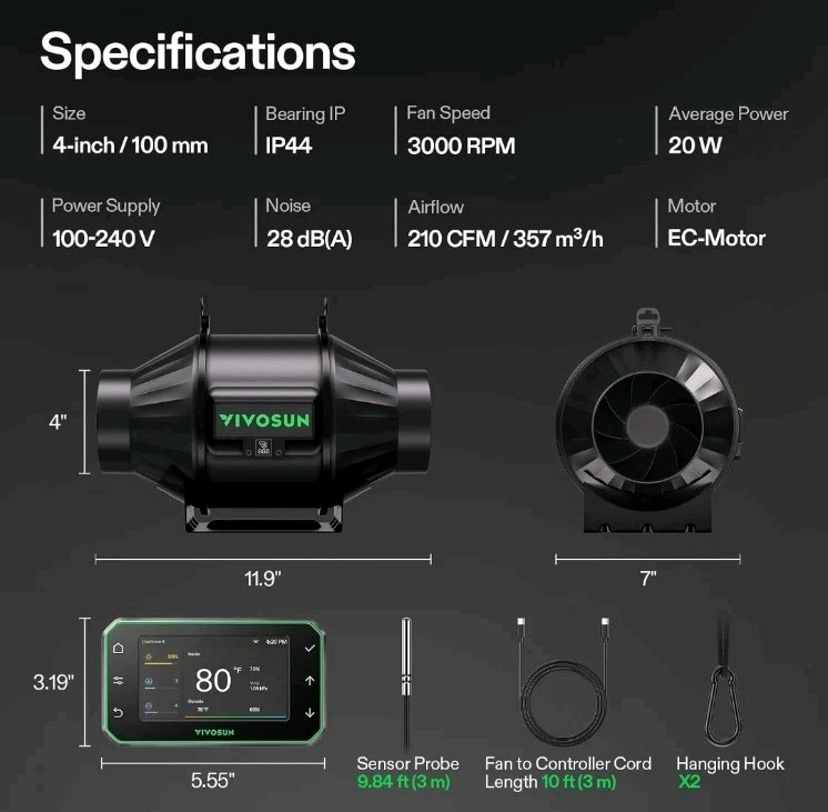 VIVOSUN T4 4" Inline Duct Fan & Temperature Humidity Controller, E42A+ WiFi App