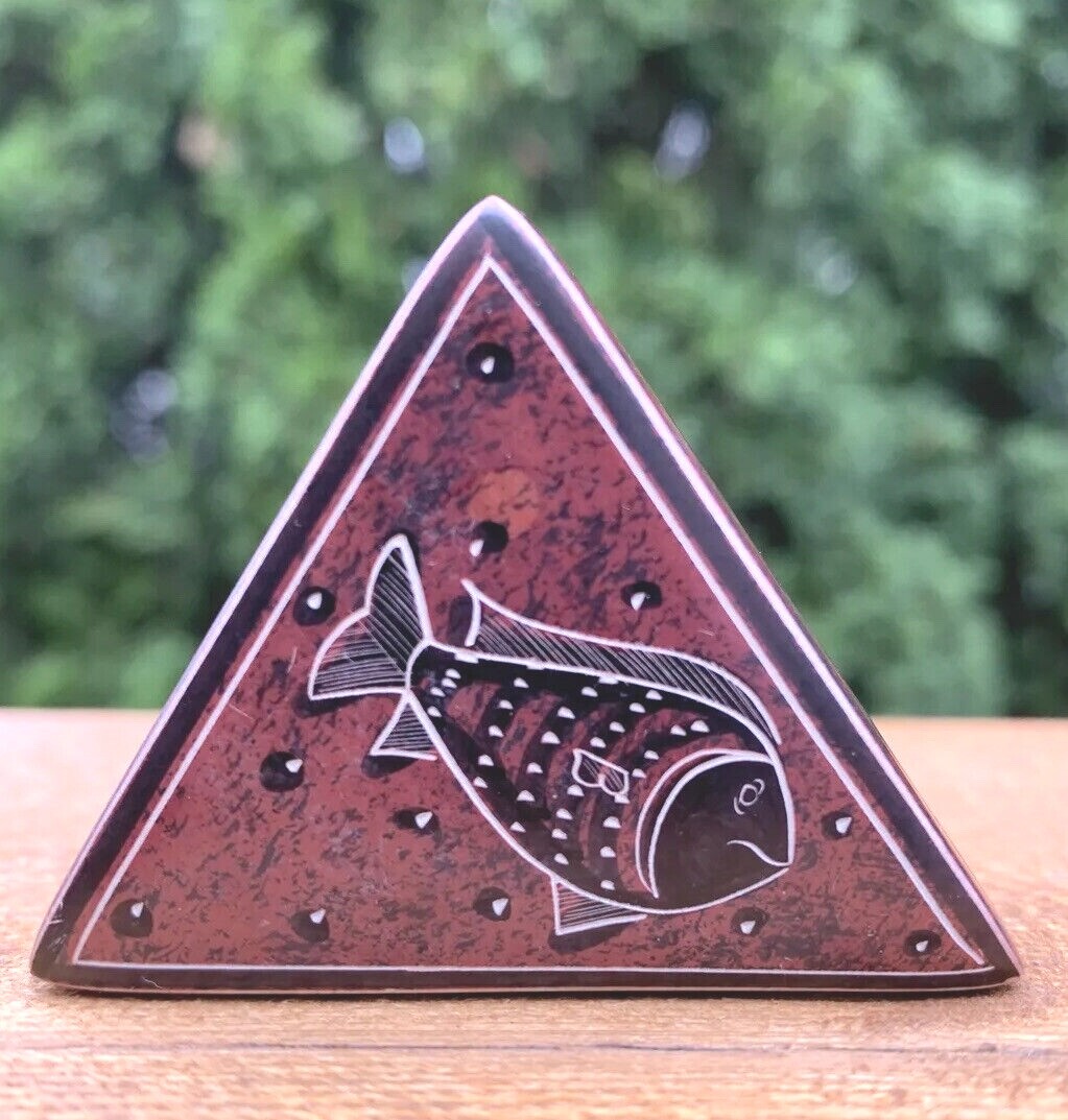 Handcrafted Aboriginal Decor Trinket Box Unusual Triangle Shape with Fish Decor
