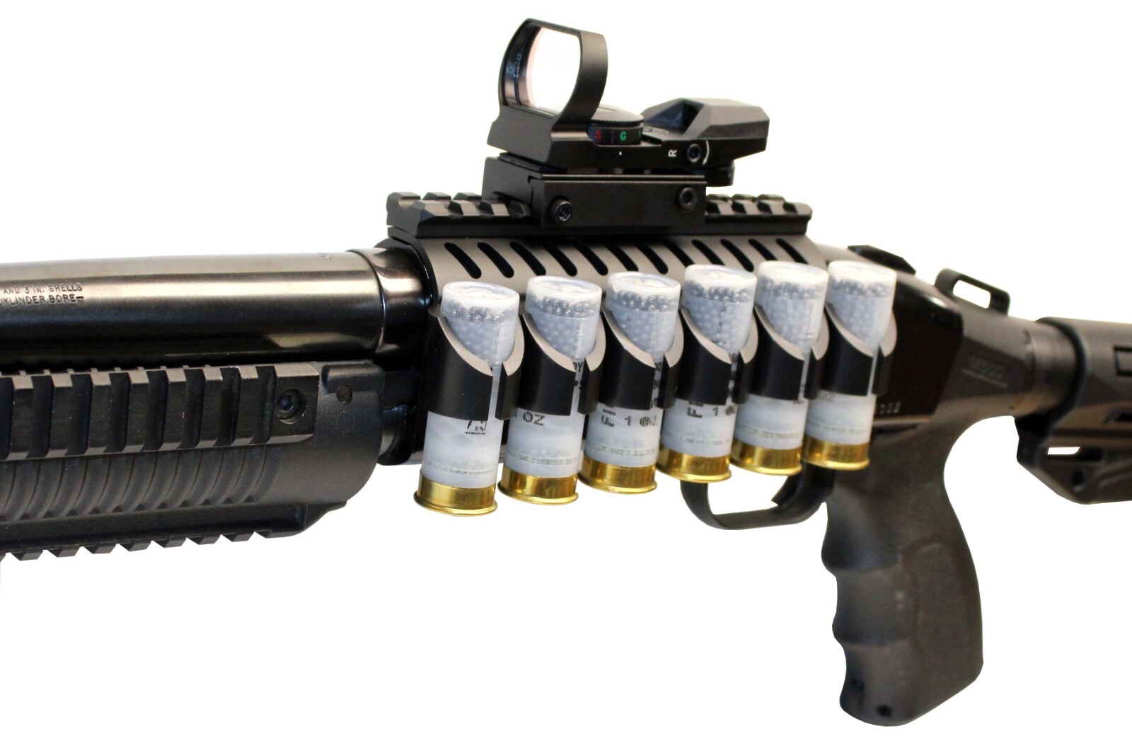 Mossberg 500 12 gauge pump picatinny rail shell carrier and reflex sight combo.