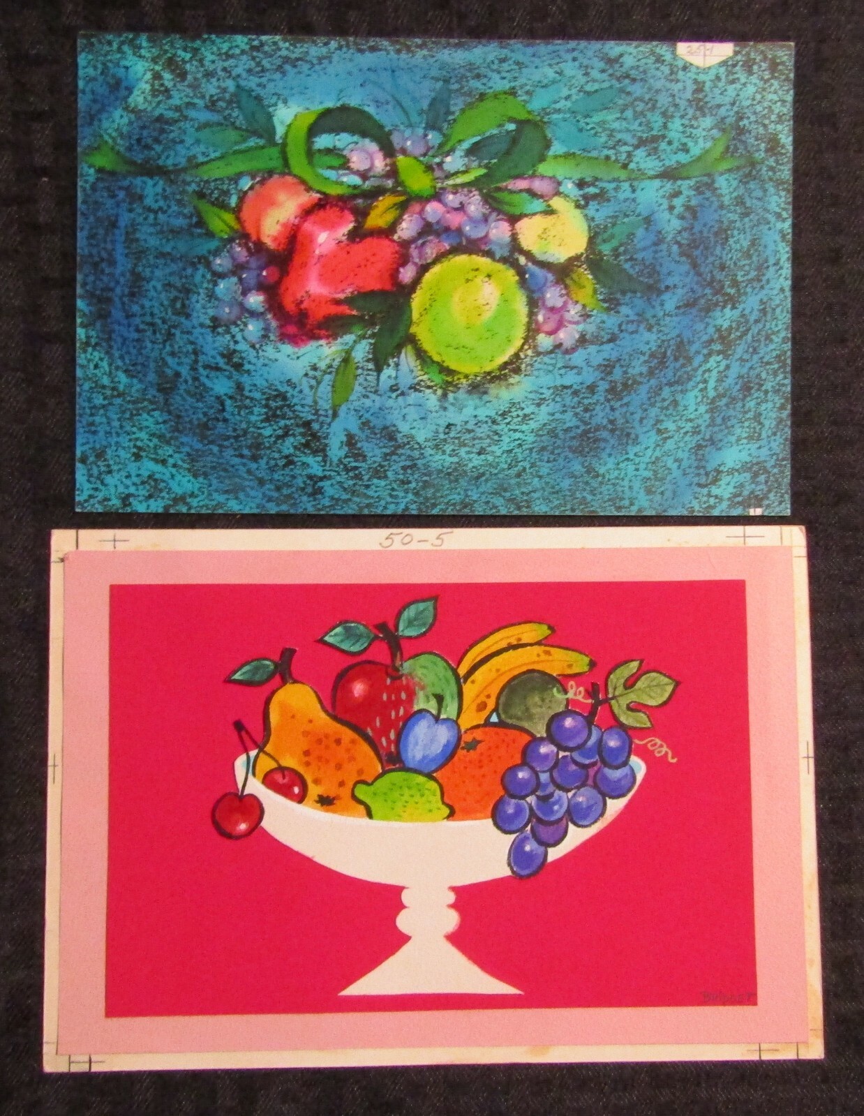 CHRISTMAS Colorful Fruit in Bowl 5.5x8" Greeting Card Art LOT of 2